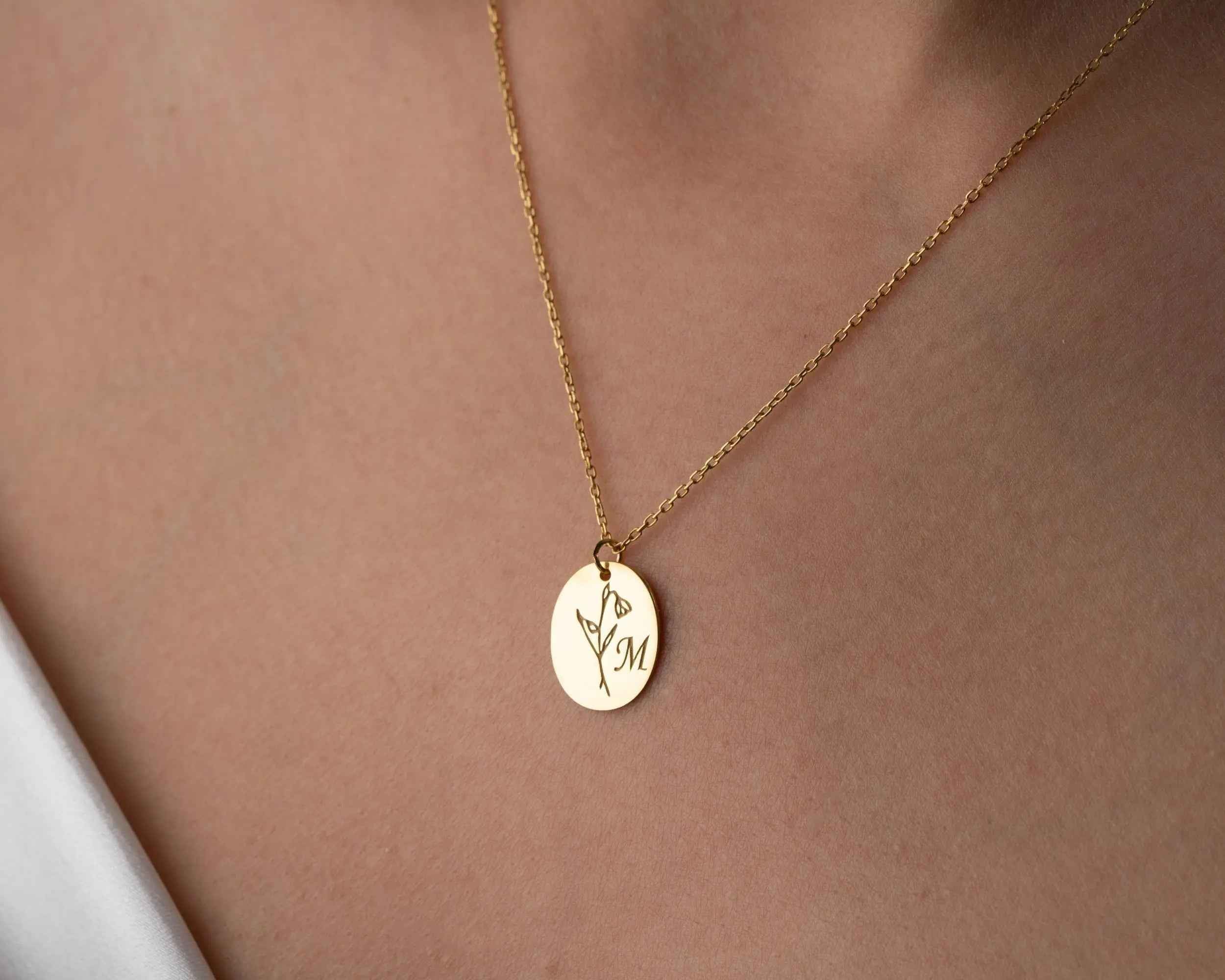 Birth Flower Initial Necklace: Engraved Sterling Silver Personalized Jewelry