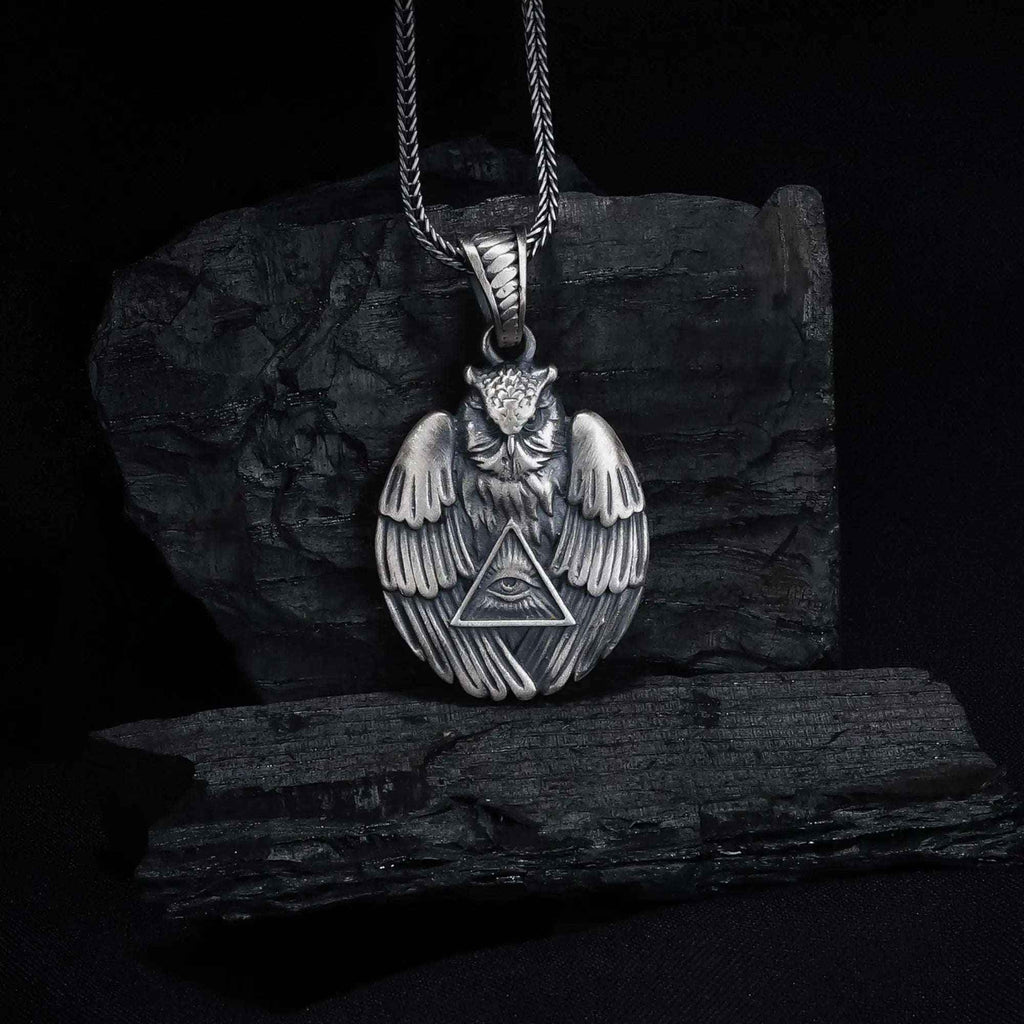 Sterling Silver Owl Pendant Necklace: All-Seeing Eye Illuminati Symbol