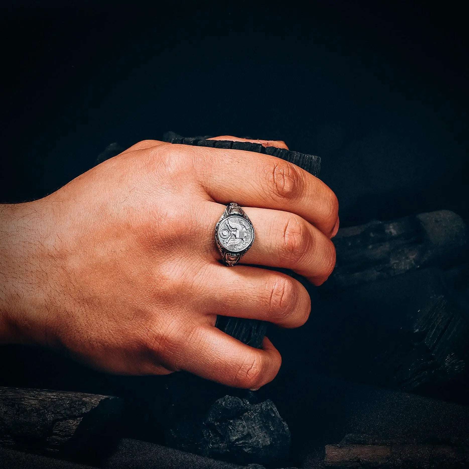 Mens Sterling Silver American Coat of Arms Ring: Patriotic USA Jewelry   Charmora Jewelry