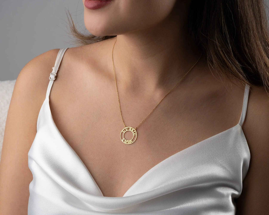 Gold Roman Numeral Necklace: Custom Birthdate Name Pendant