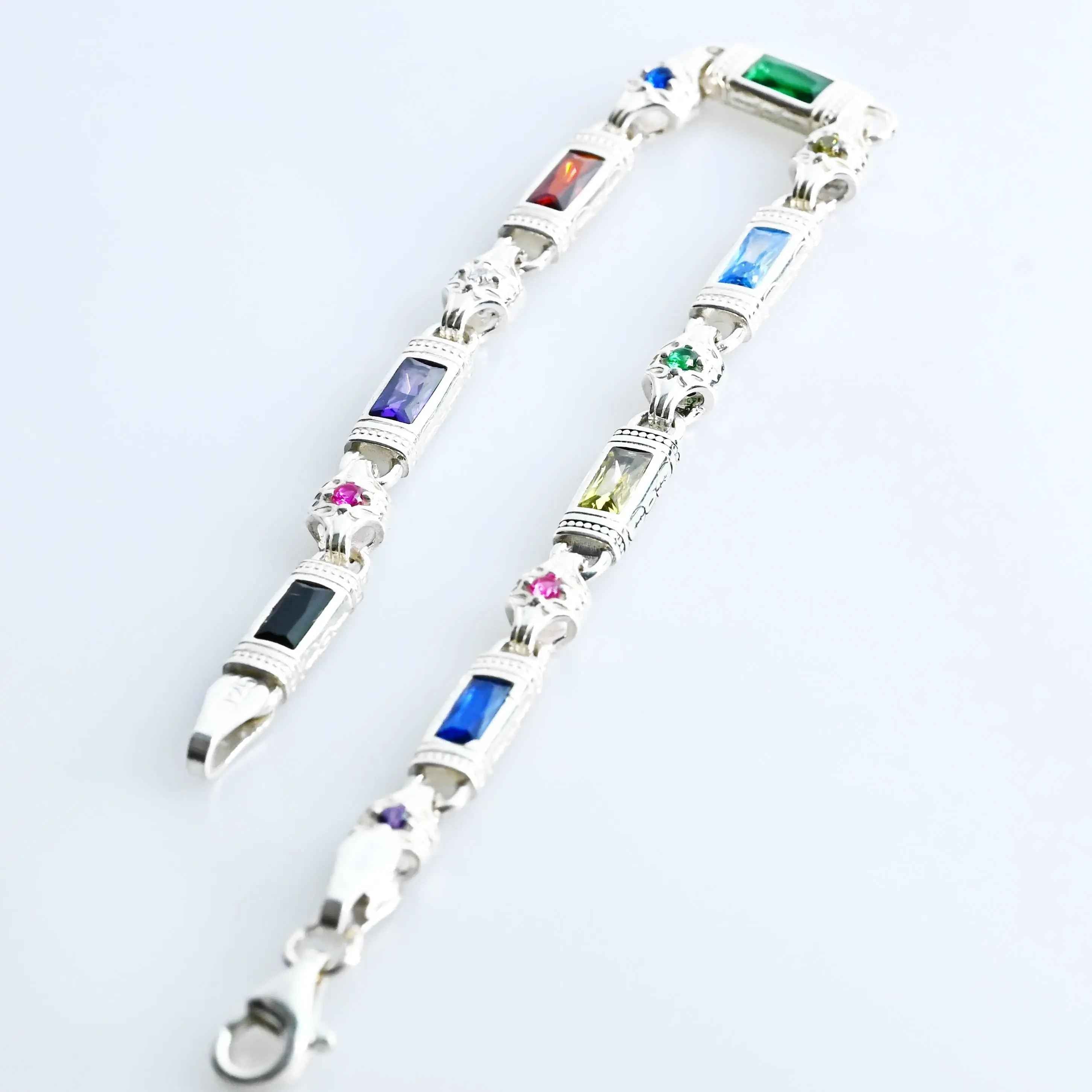 Multicolor Baguette Stone Sterling Silver Bracelet – Men’s Statement Jewelry, Gift for Him