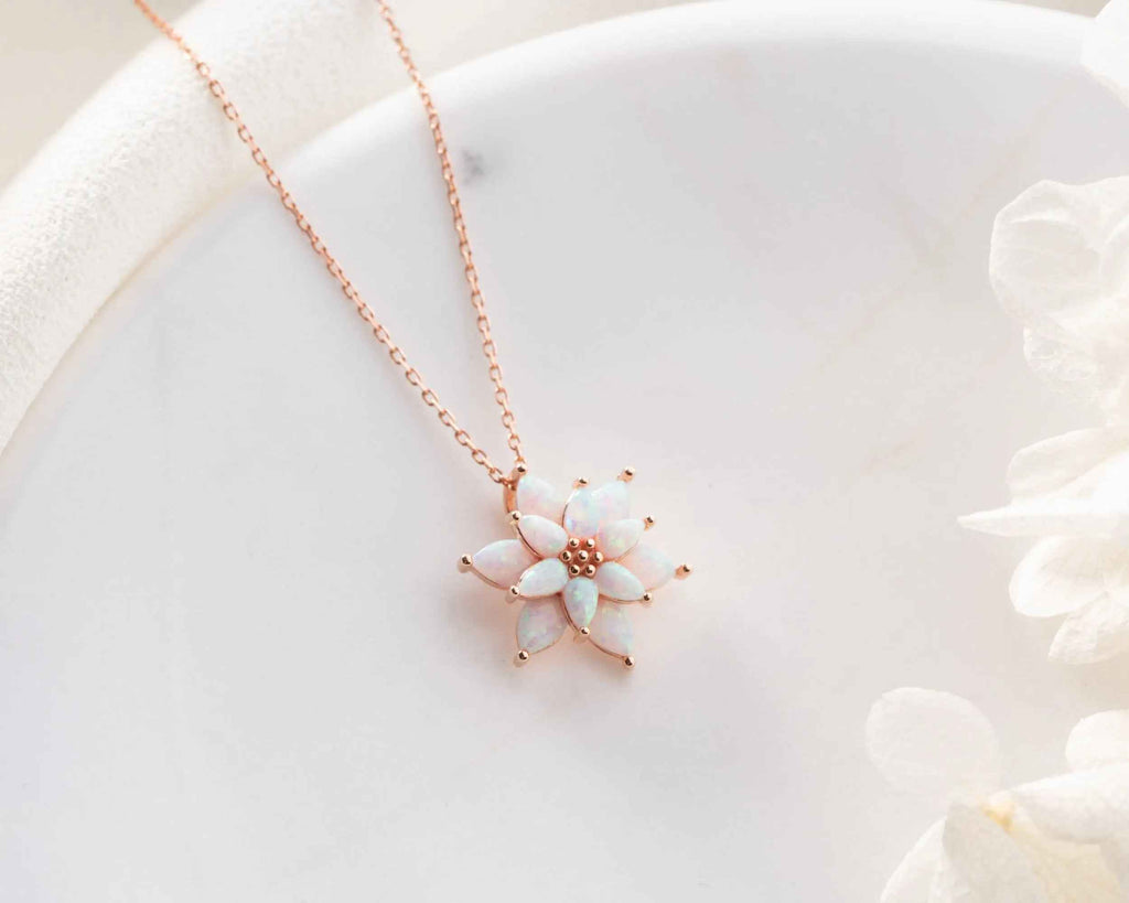 Sterling Silver Opal Lotus Flower Necklace: Dainty Floral Pendant