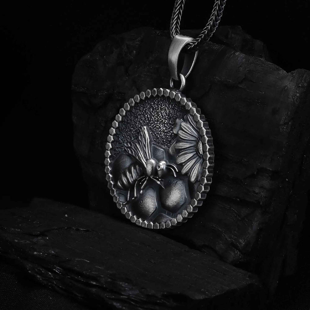 Handmade Sterling Silver Bee Necklace: Honeycomb Pendant Jewelry