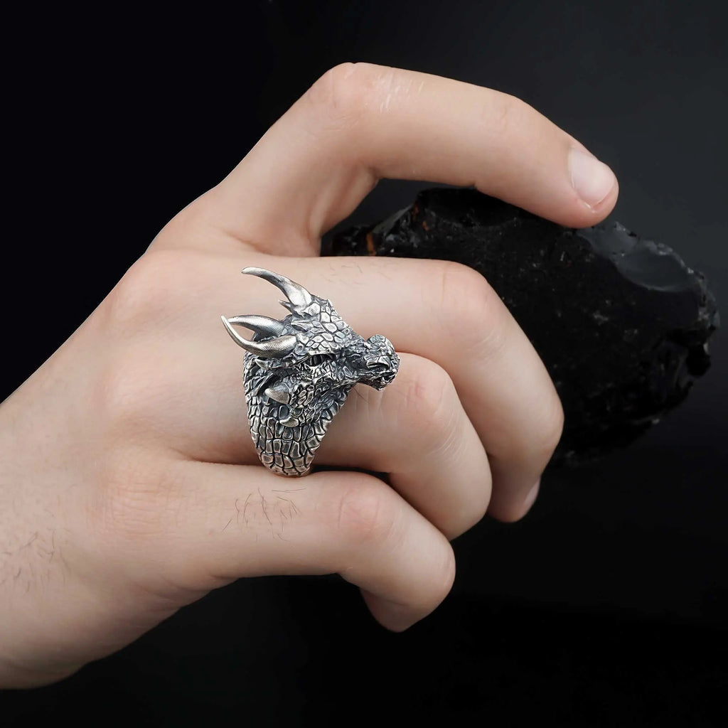 Sterling Silver Dragon Ring: Viking Fantasy Unisex Band   Charmora Jewelry