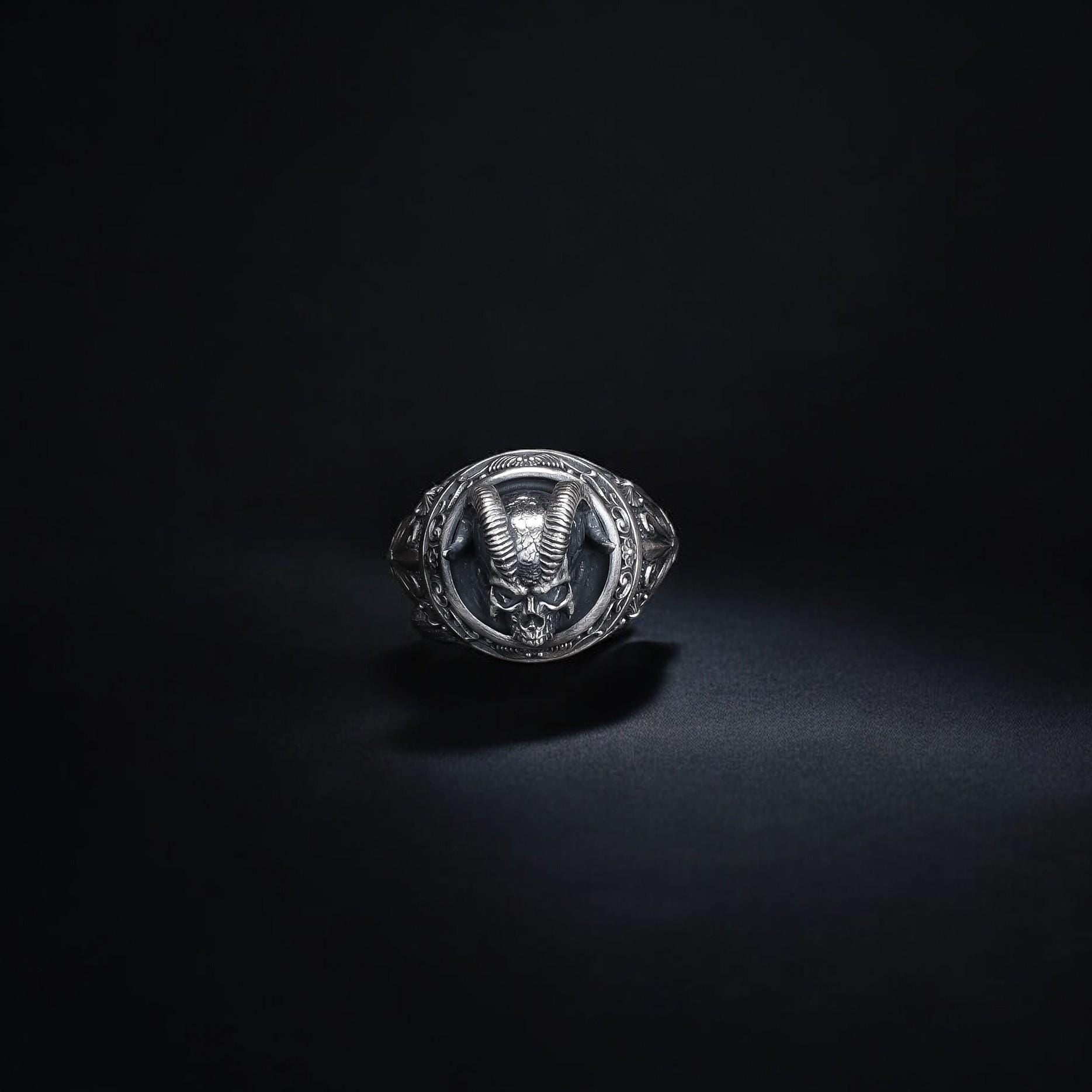 Oxidized Sterling Silver Demon Skull Ring, Gothic Biker Jewelry