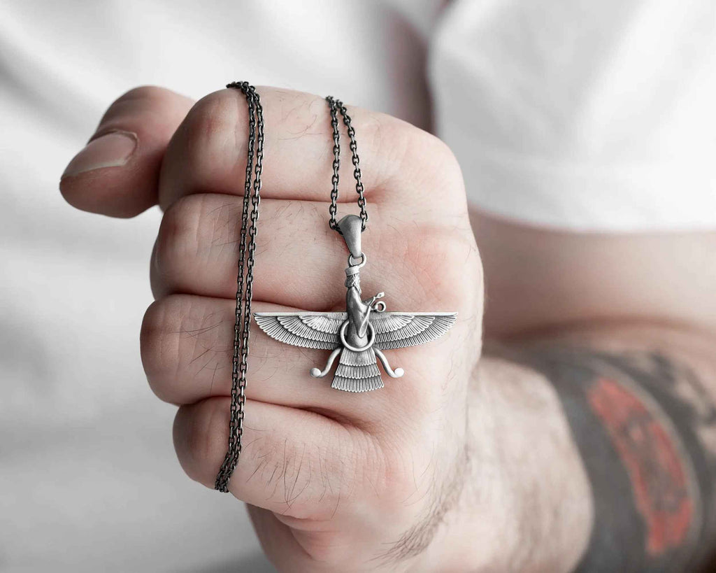 Sterling Silver Ahura Mazda Necklace: Zoroastrian Faravahar Pendant