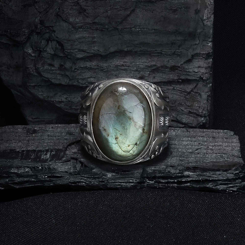 Large Labradorite Sterling Silver Ring - Handmade Mens Gemstone Ring