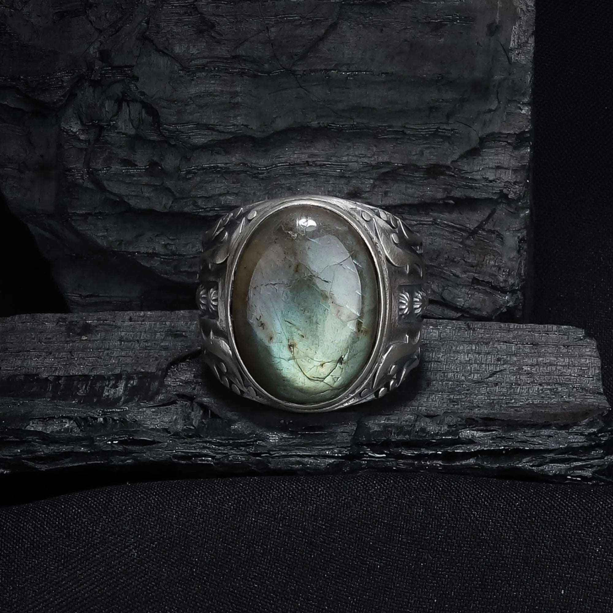 Large Labradorite Sterling Silver Ring - Handmade Mens Gemstone Ring