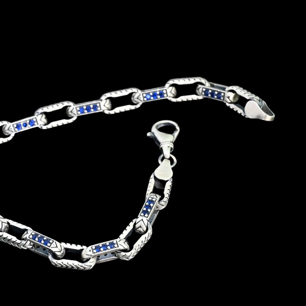 925 Sterling Silver Men’s Bracelet with Blue Stones, Handmade Chain Bracelet, Bold Masculine Jewelry   Charmora Jewelry