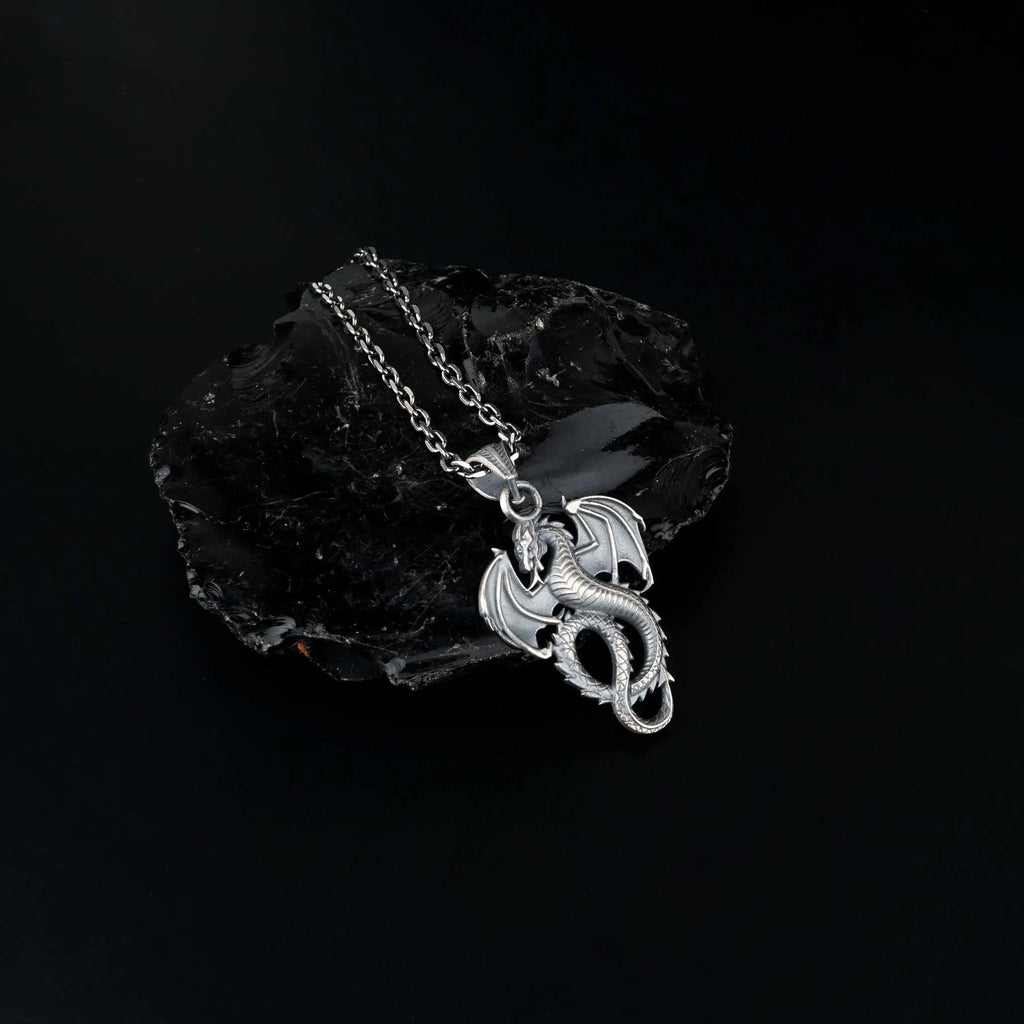 Sterling Silver Winged Dragon Necklace - Mens Pendant Jewelry   Charmora Jewelry
