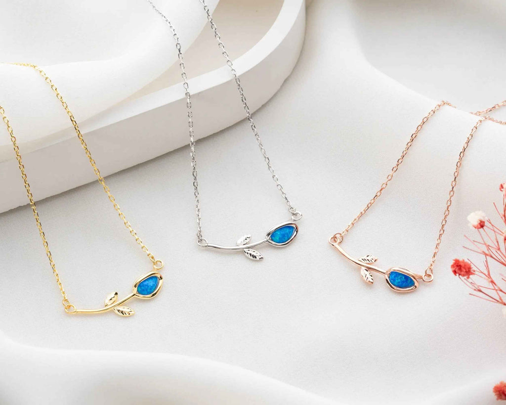 Sterling Silver Tulip Necklace: Blue Australian Opal Pendant