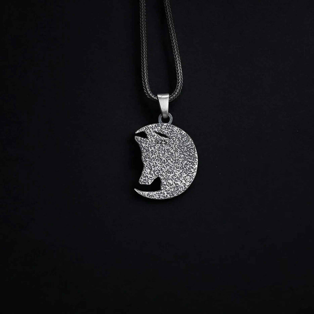 Sterling Silver Wolf Moon Pendant: Engraved Crescent Necklace
