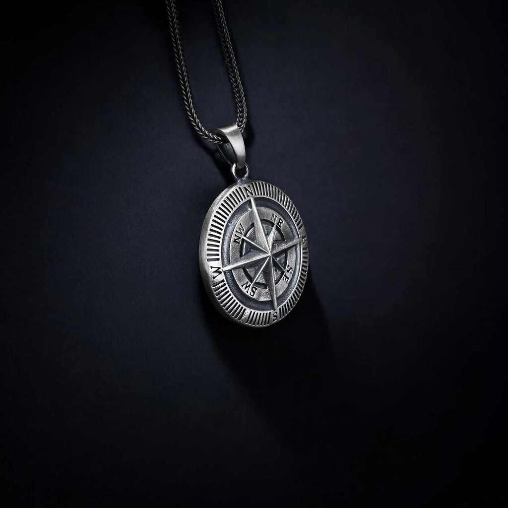 Sterling Silver Compass Necklace, Travel Jewelry Gift for Him   Charmora Jewelry