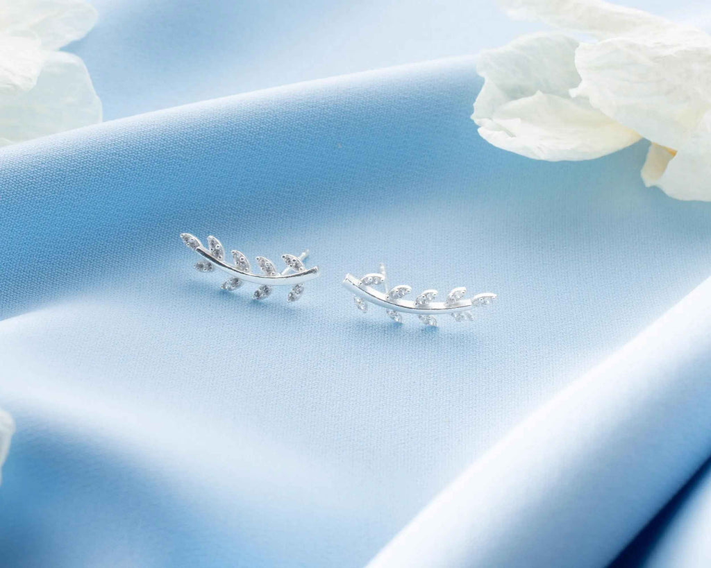 Sterling Silver Leaf Crawler Earrings: Olive Branch Design