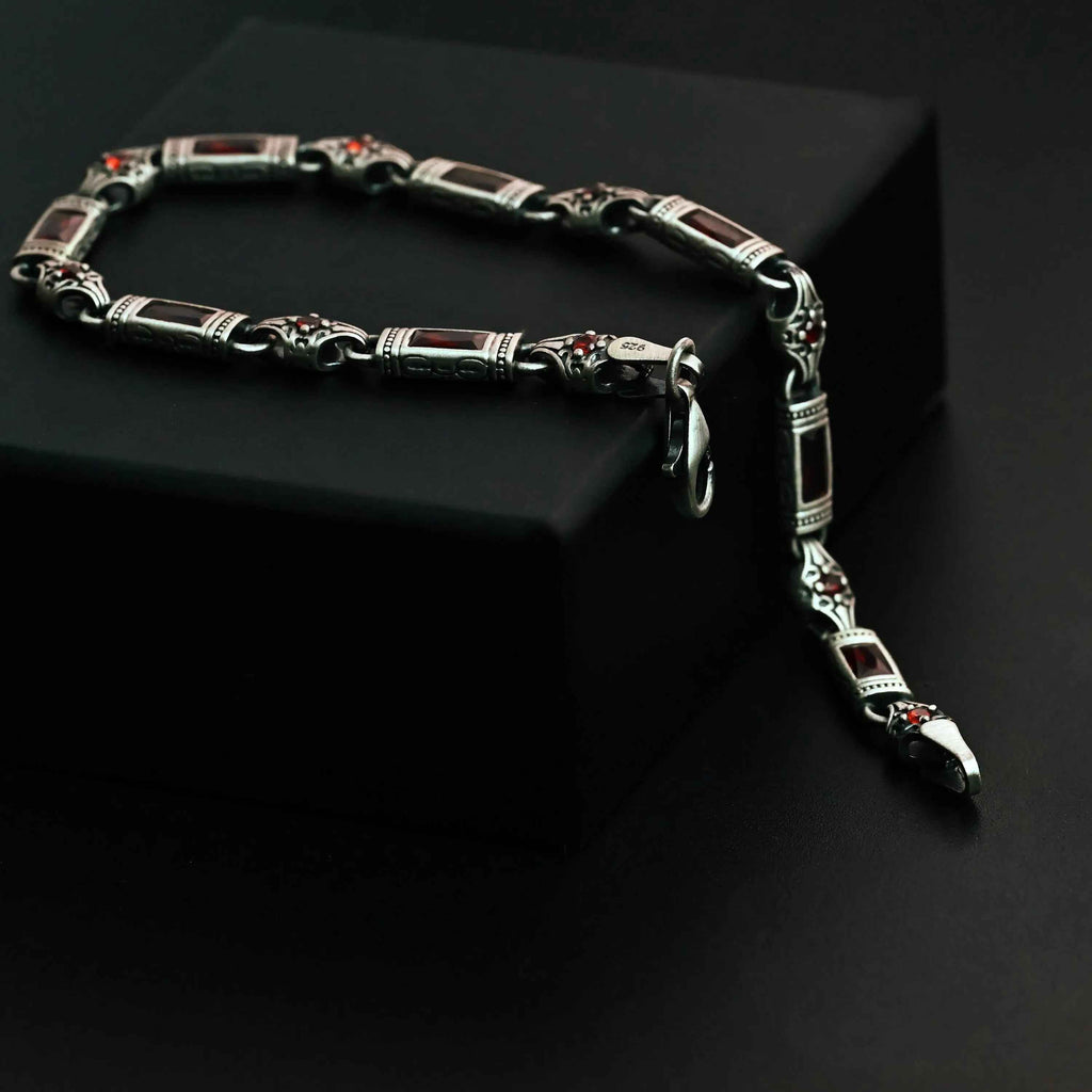 Sterling Silver Men’s Bracelet with Garnet Baguette Stones – Gift for Him