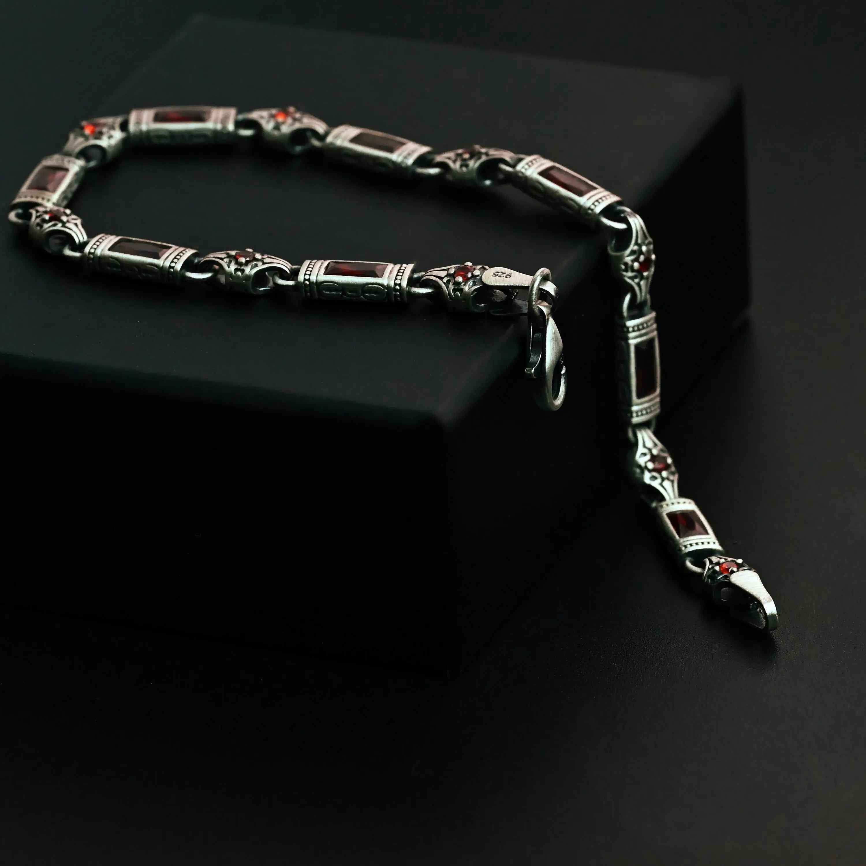 Sterling Silver Men’s Bracelet with Garnet Baguette Stones – Gift for Him
