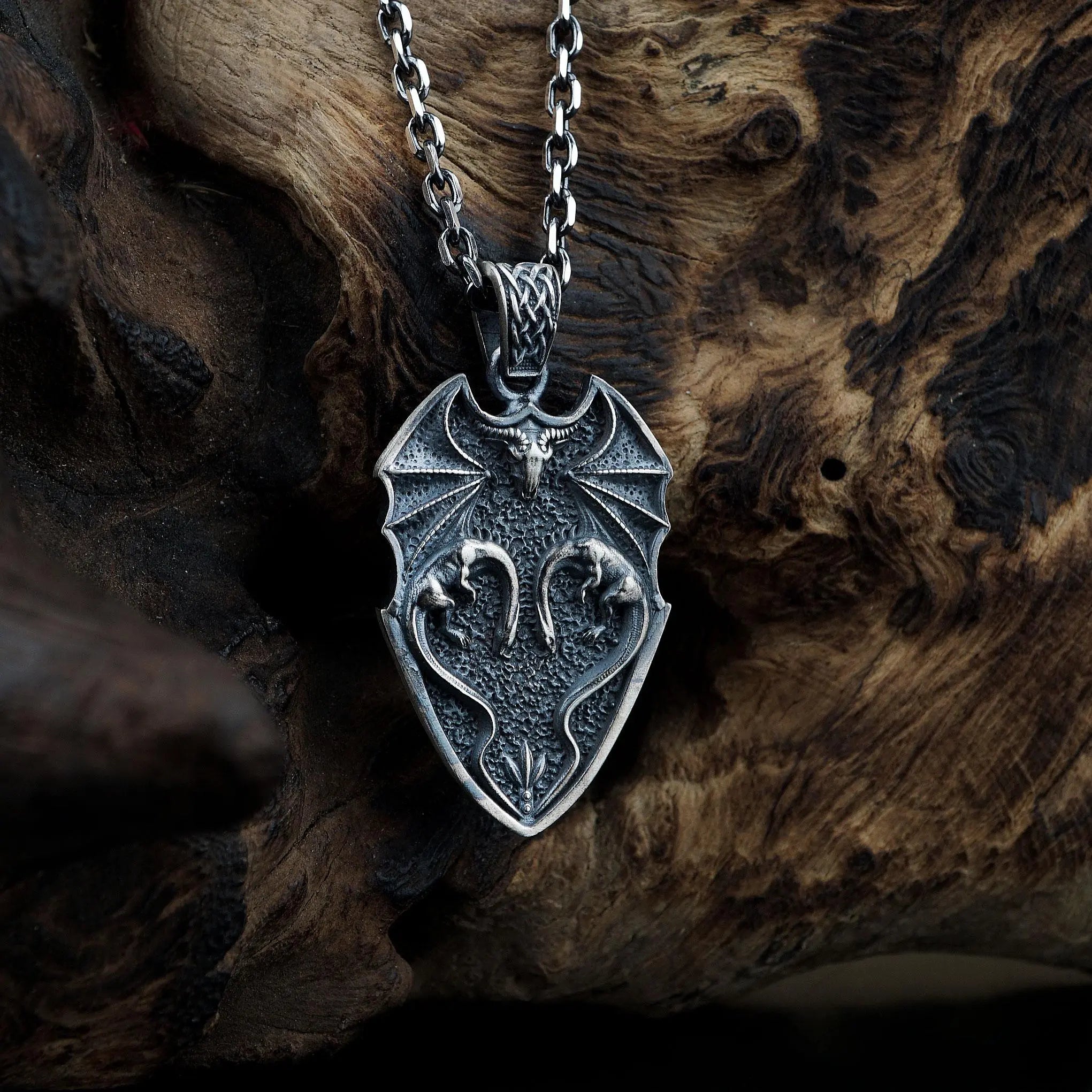 Collier Pendentif Dragon en Argent Sterling Oxydé : Breloque Faite Main