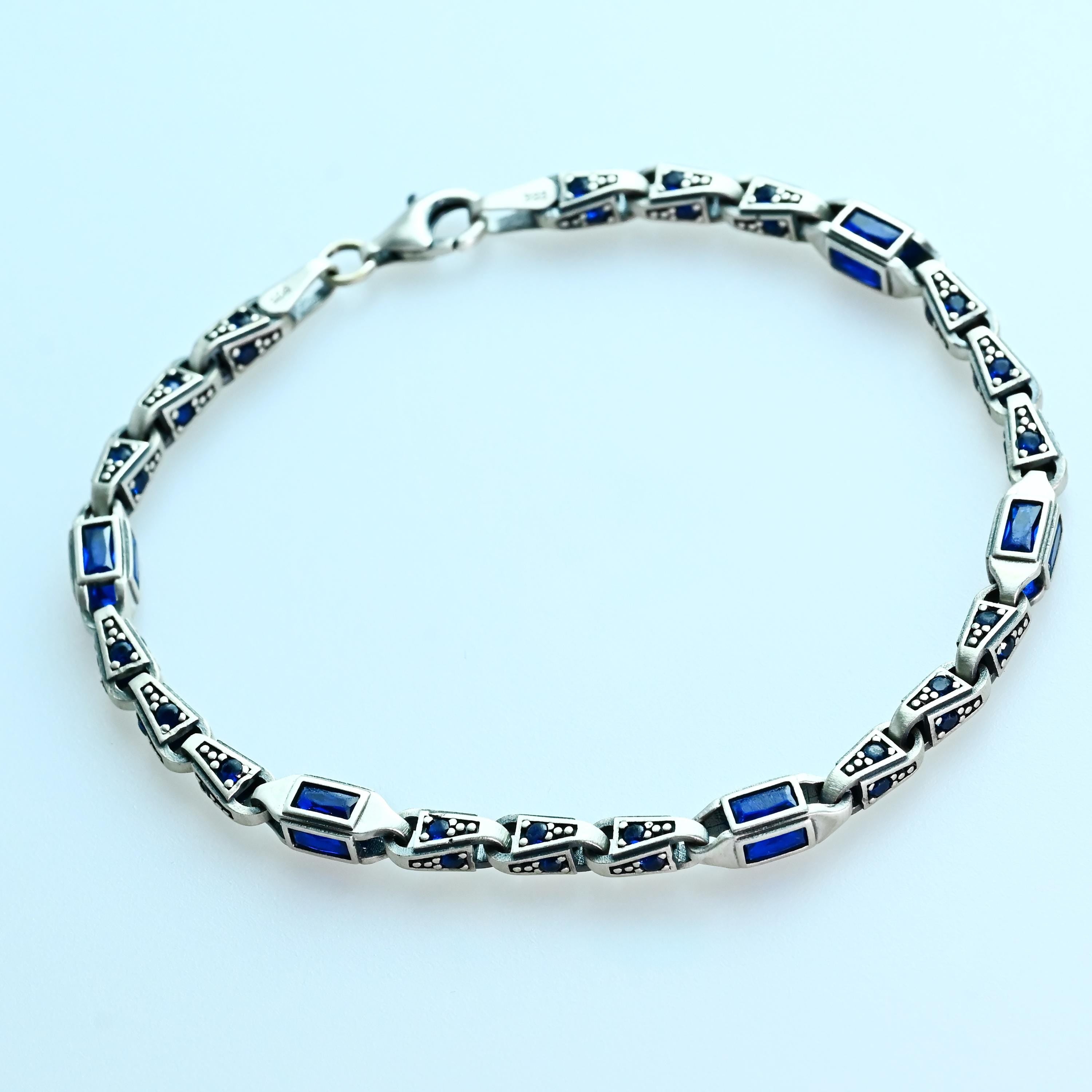 Bracelet homme en argent sterling 925 avec baguettes bleues, cadeau de bijoux modernes pour hommes