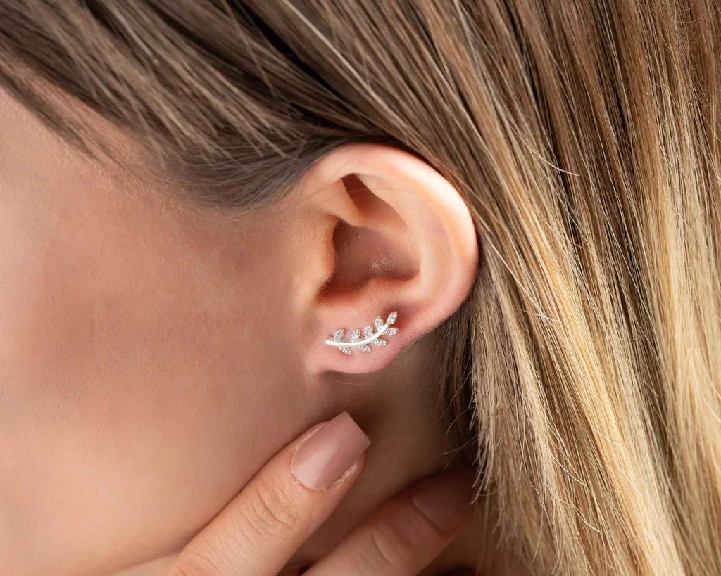 Sterling Silver Leaf Crawler Earrings: Olive Branch Design