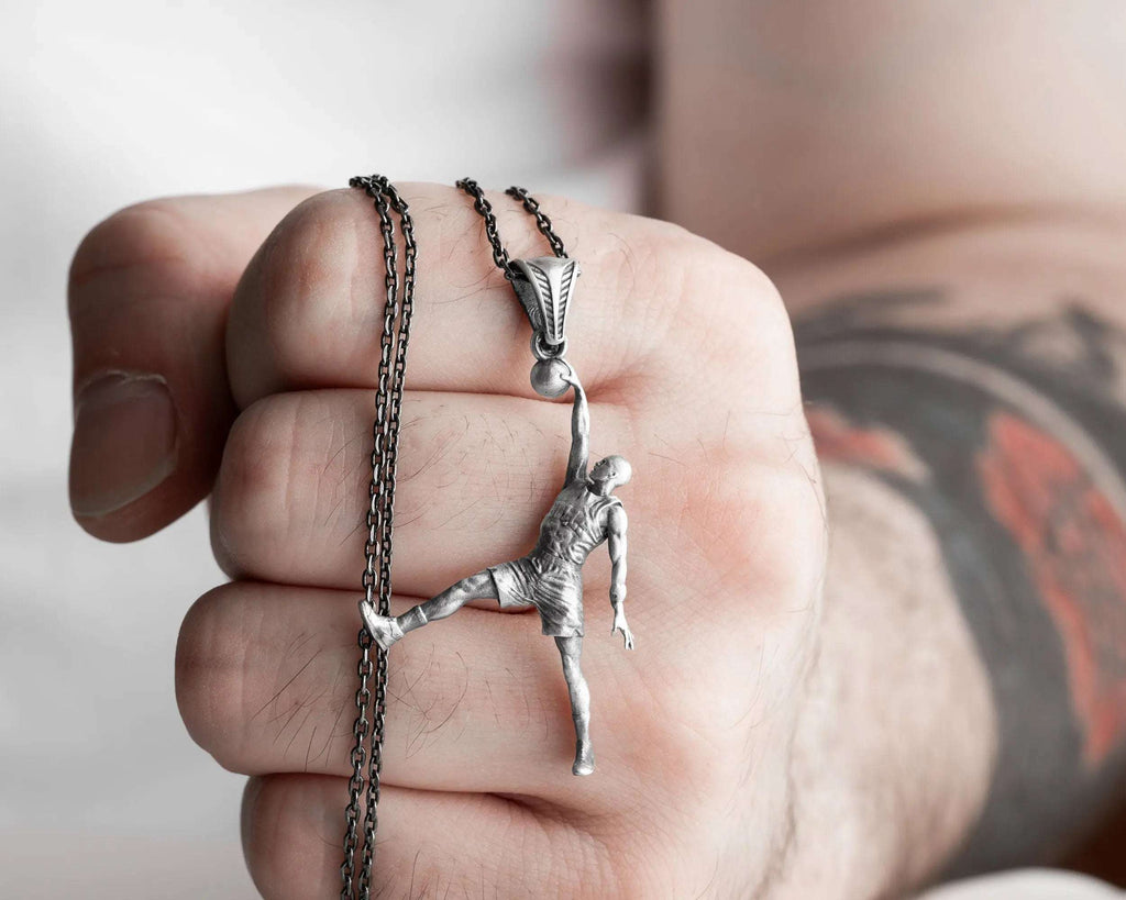 Handmade Oxidized Sterling Silver Basketball Player Pendant Necklace   Charmora Jewelry
