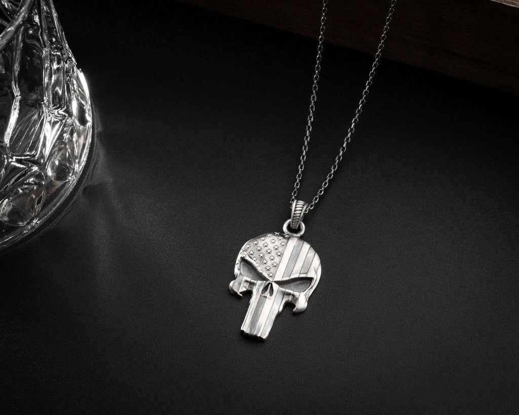 Sterling Silver USA Flag Skull Pendant - Handmade Gothic Necklace   Charmora Jewelry