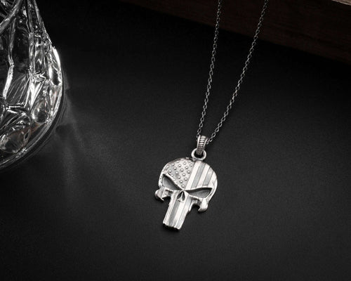 Sterling Silver USA Flag Skull Pendant - Handmade Gothic Necklace   Charmora Jewelry