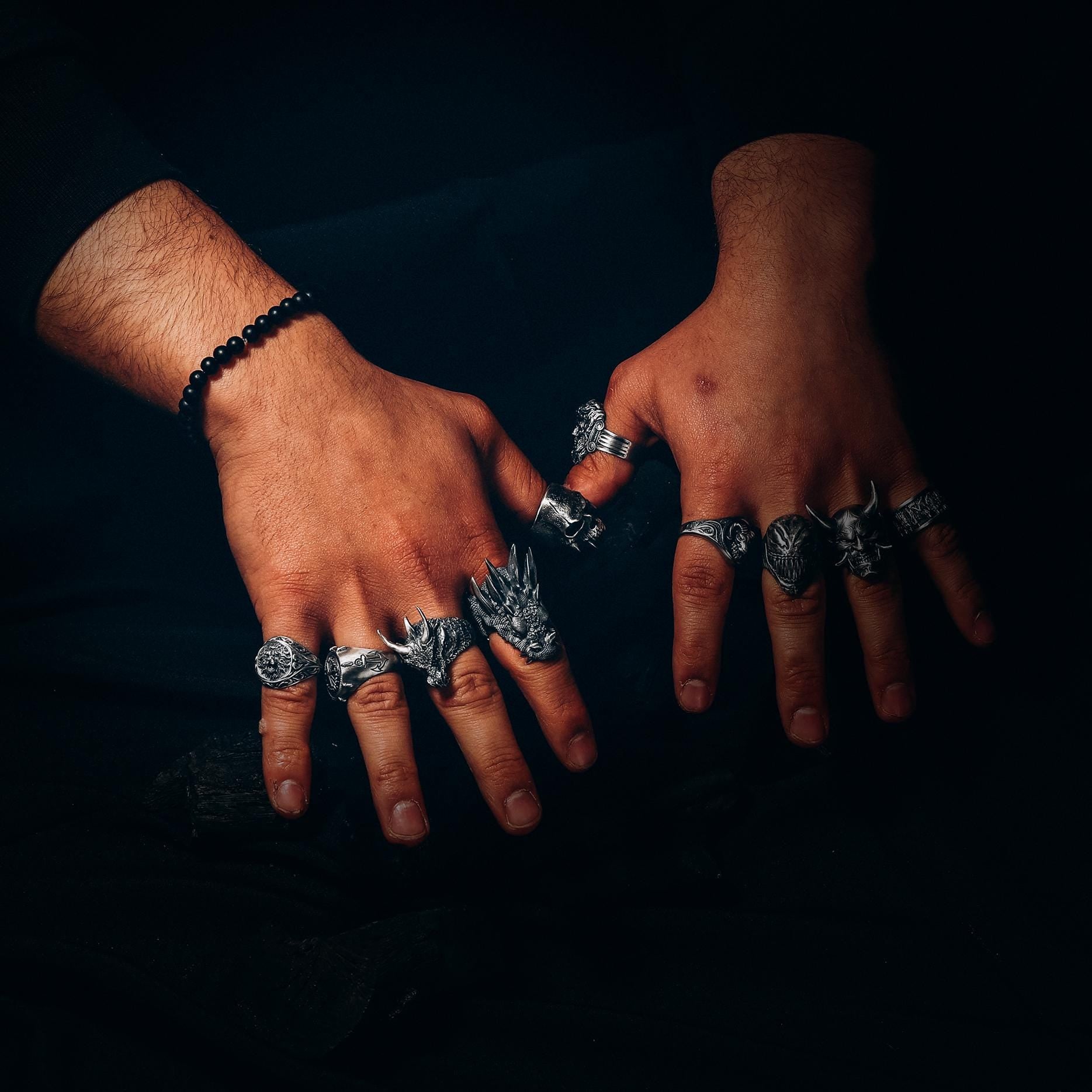 Oxidized Sterling Silver Demon Skull Ring, Gothic Biker Jewelry
