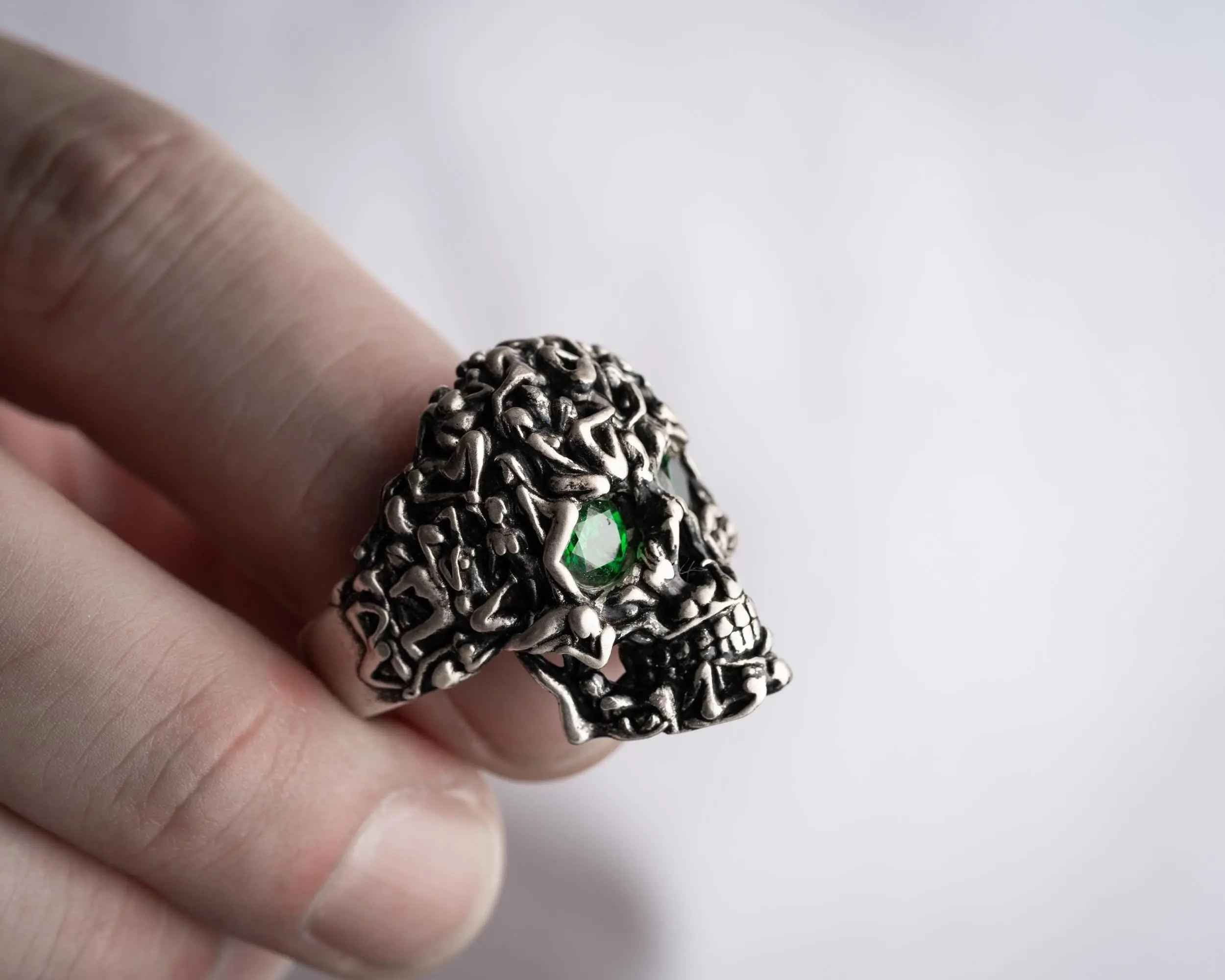 Green Zircon Skull Ring: Gothic Sterling Silver Men's Jewelry