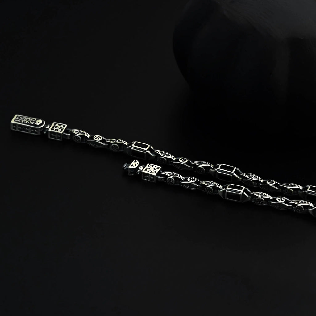 Sterling Silver Men's Bracelet: Black Zircon Vintage Link Design   Charmora Jewelry