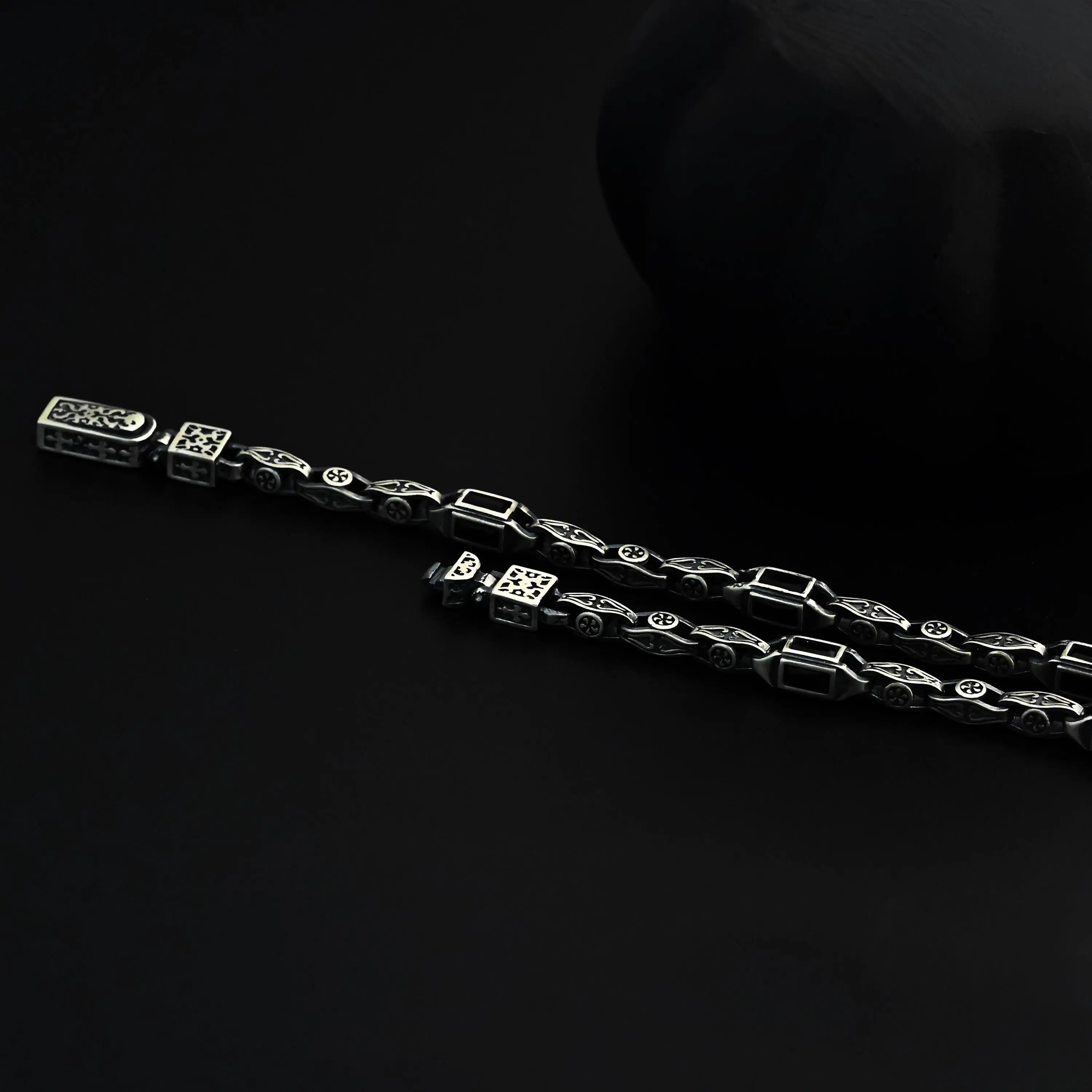 Sterling Silver Men's Bracelet: Black Zircon Vintage Link Design   Charmora Jewelry