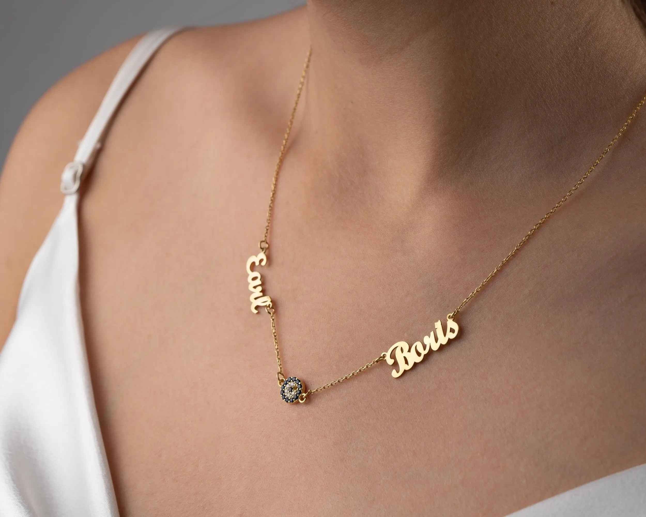 Gold Evil Eye Name Necklace: Personalized Sterling Silver Jewelry