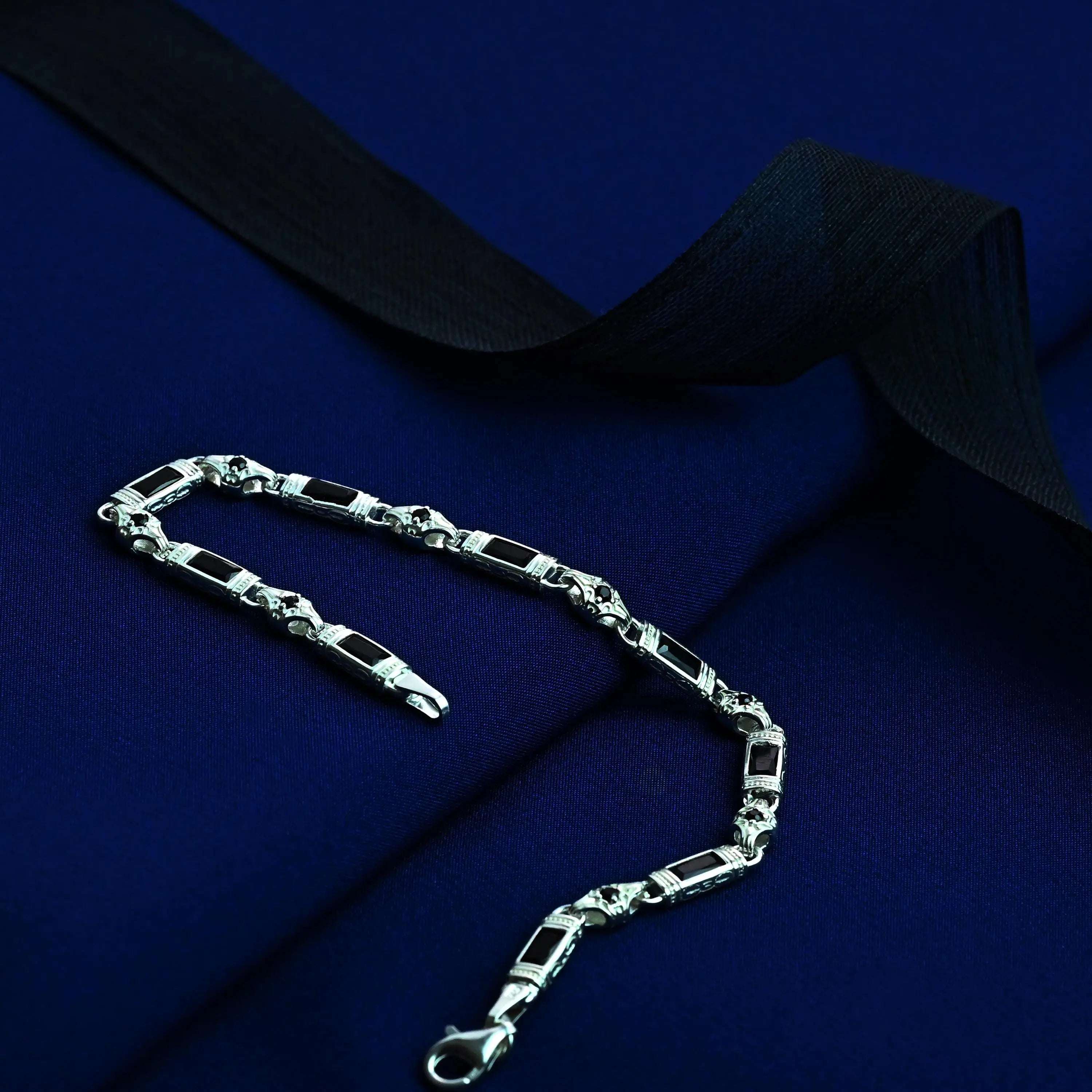 Black Zircon Baguette Stone Bracelet Handmade Sterling Silver Chain   Charmora Jewelry