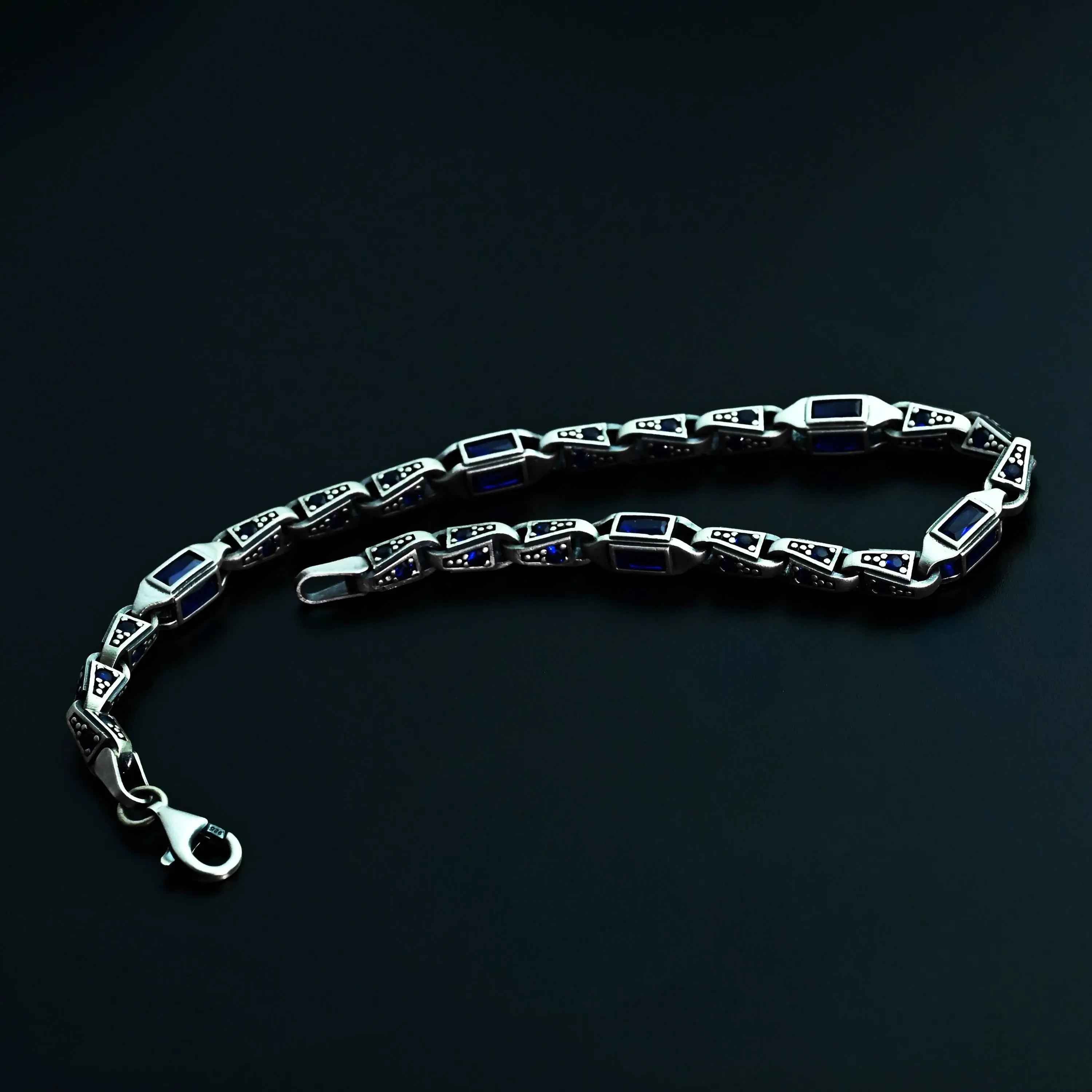 925 Sterling Silver Blue Baguette Bracelet for Men, Modern Men’s Jewelry Gift