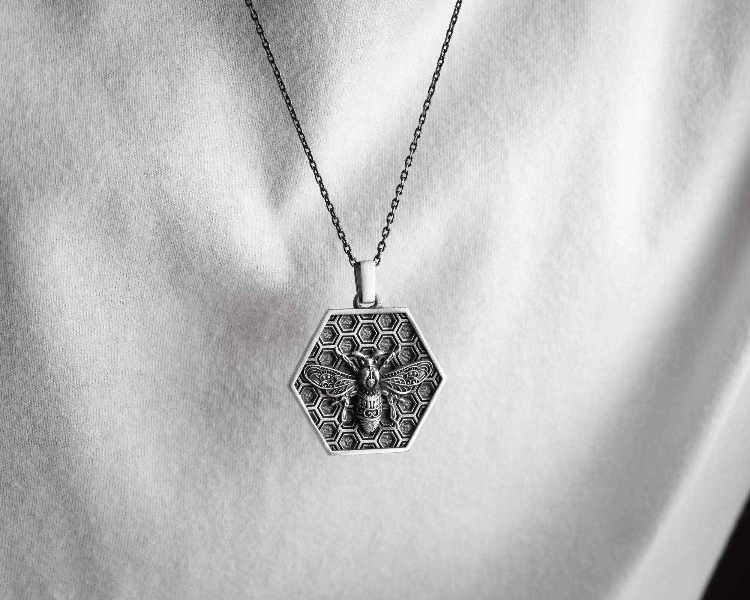 Sterling Silver Honeycomb Bee Pendant Necklace
