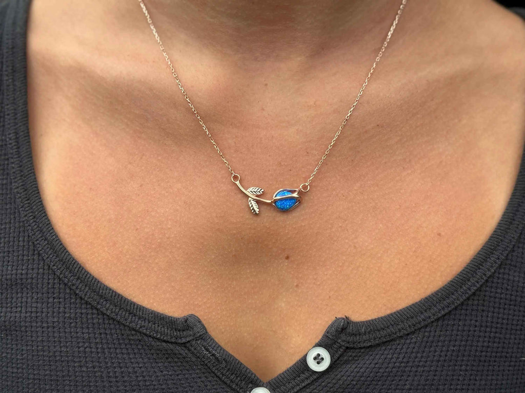 Blue Opal Tulip Necklace: 925 Sterling Silver Pendant