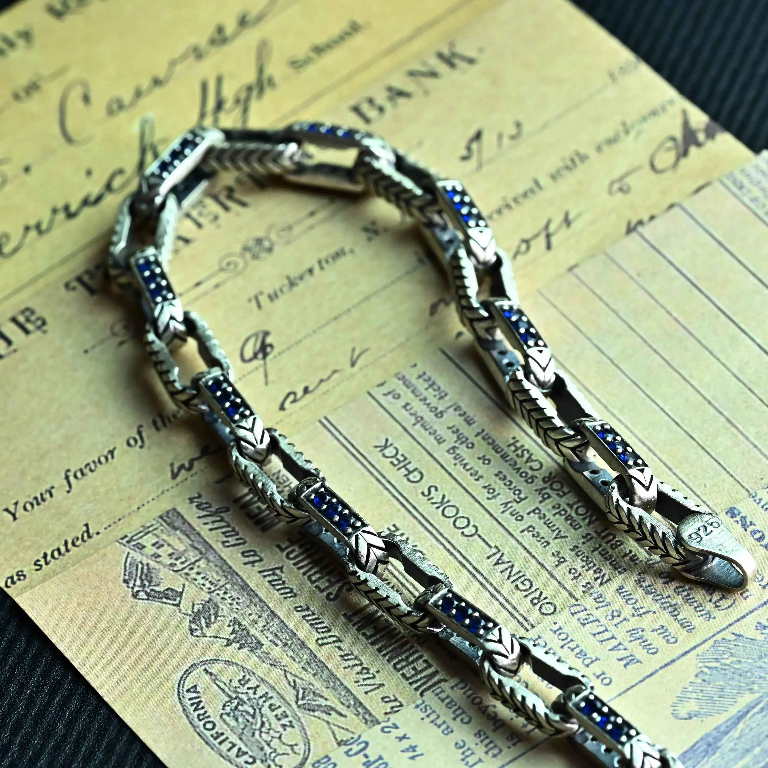 925 Sterling Silver Men’s Bracelet with Blue Stones, Handmade Chain Bracelet, Bold Masculine Jewelry