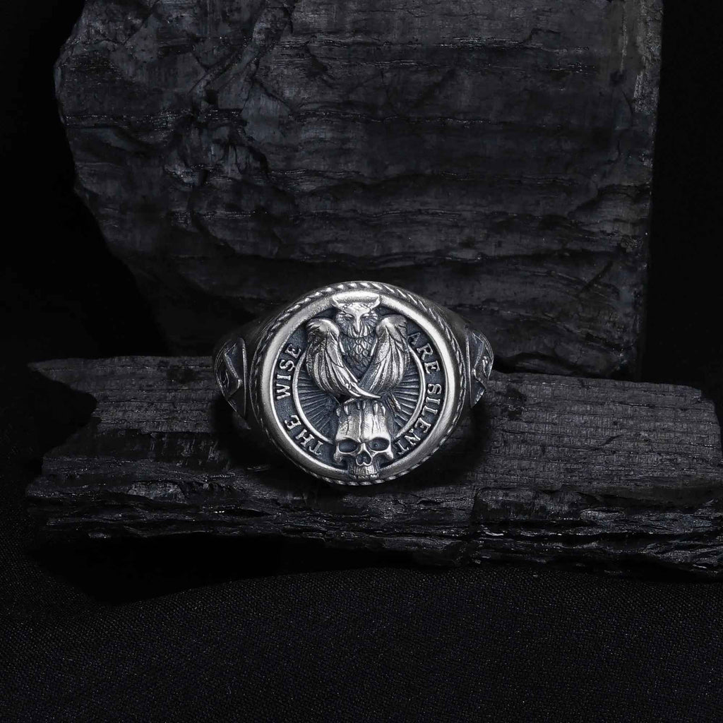 Oxidized Sterling Silver Owl Skull Ring: Gothic Biker Jewelry