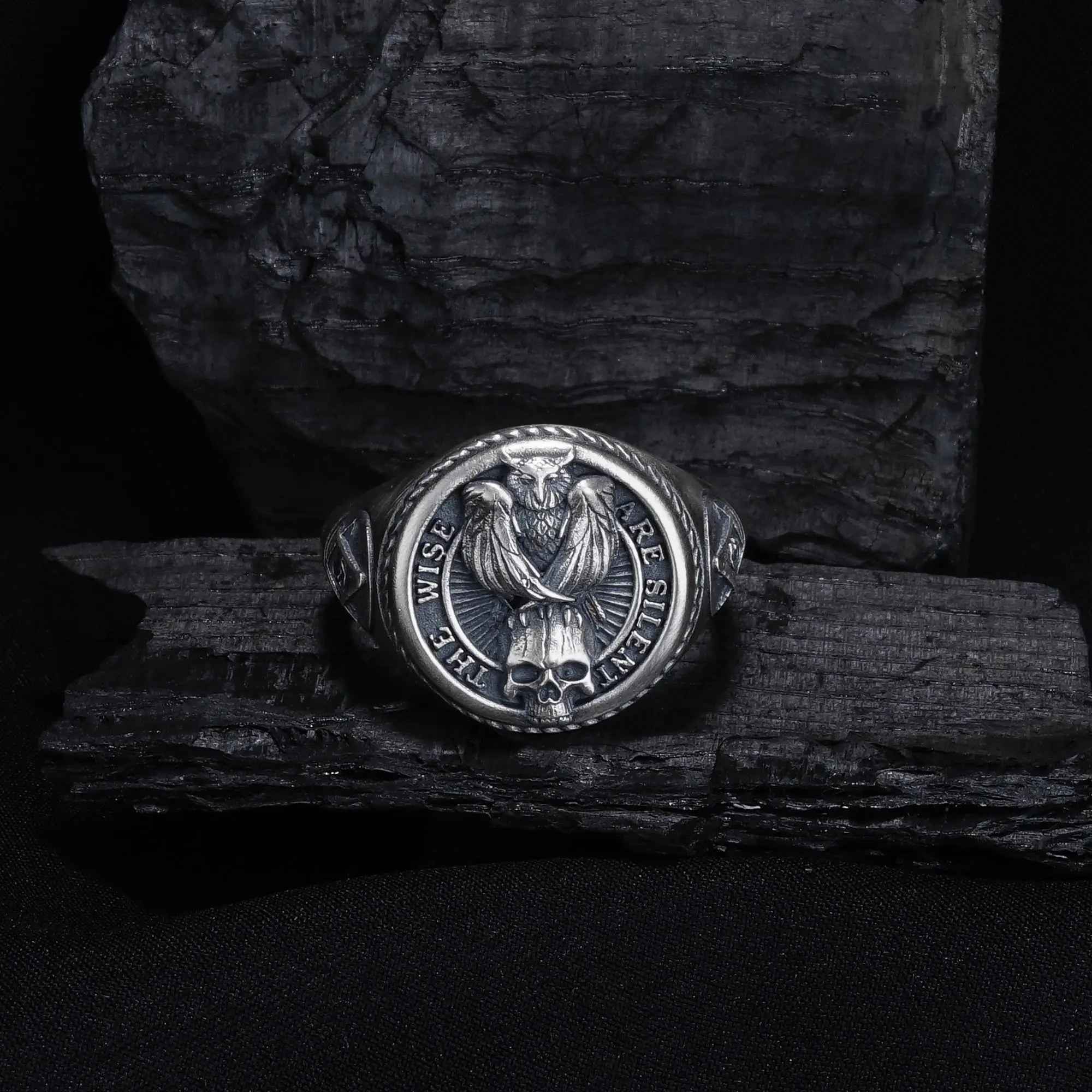 Oxidized Sterling Silver Owl Skull Ring: Gothic Biker Jewelry