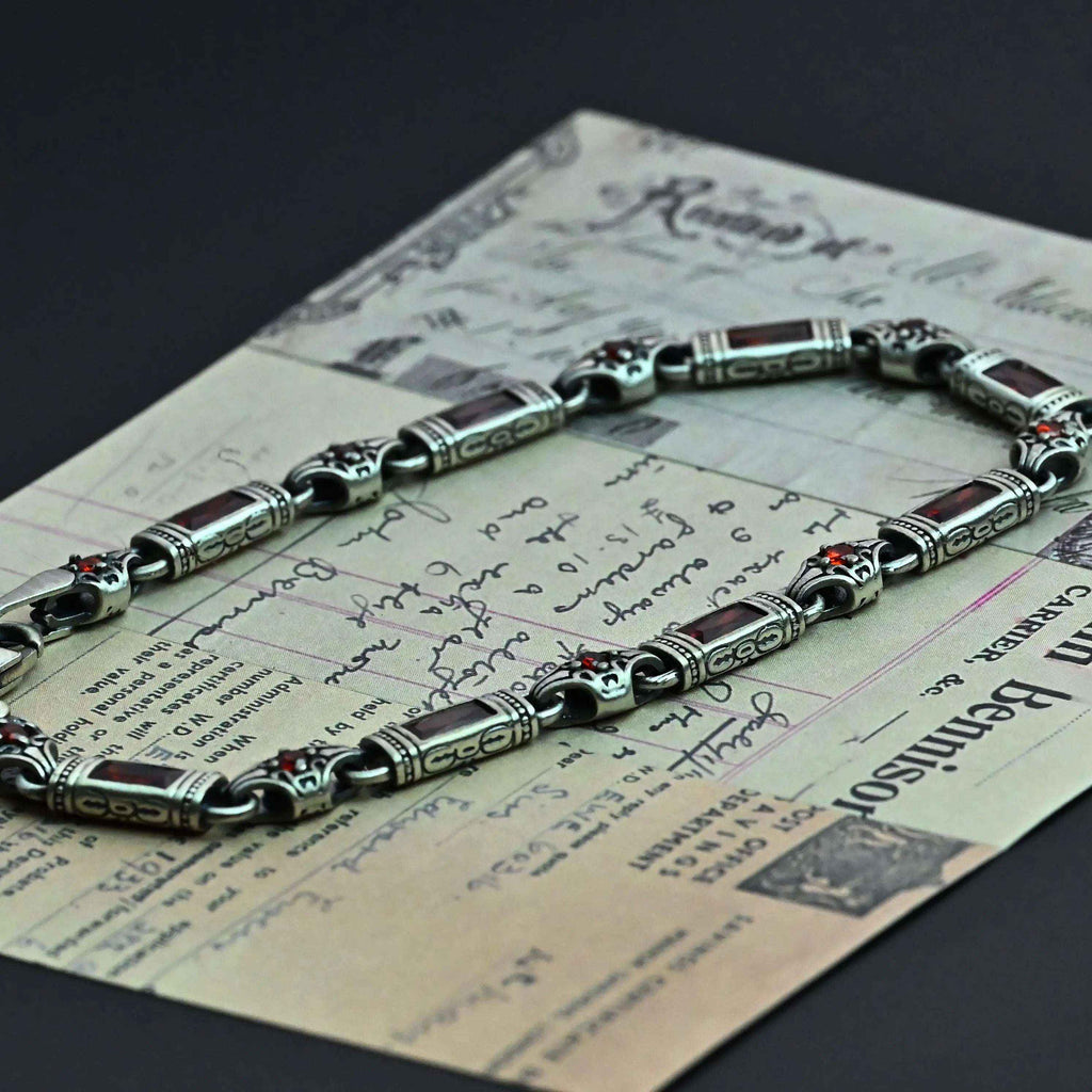 925 Sterling Silver Men's Bracelet: Onyx - Garnet - Navy Blue Zircon Vintage Link Design