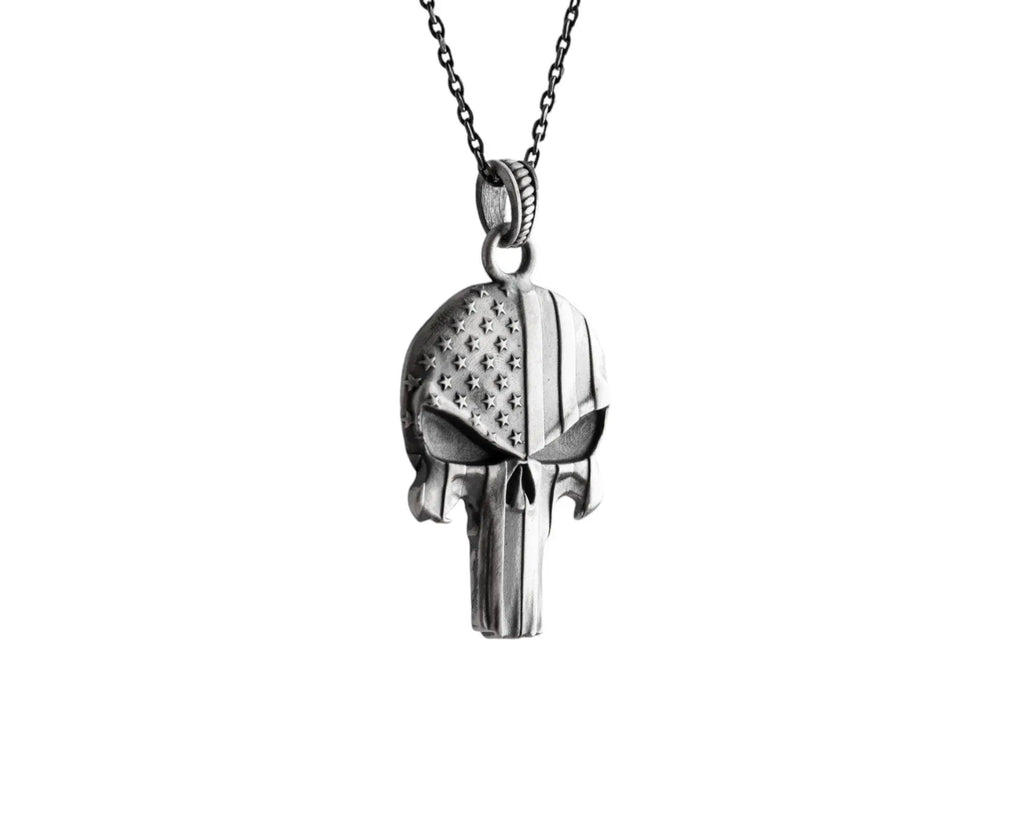 Sterling Silver USA Flag Skull Pendant - Handmade Gothic Necklace   Charmora Jewelry