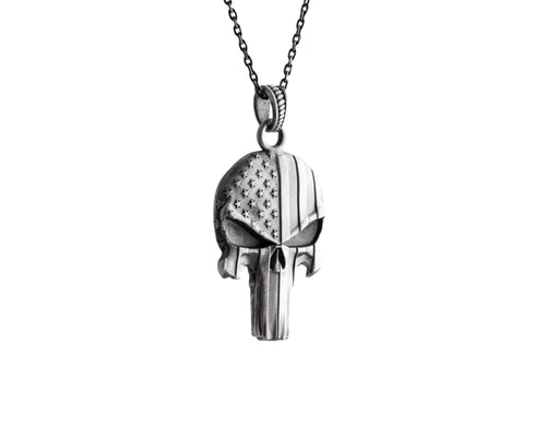 Sterling Silver USA Flag Skull Pendant - Handmade Gothic Necklace   Charmora Jewelry