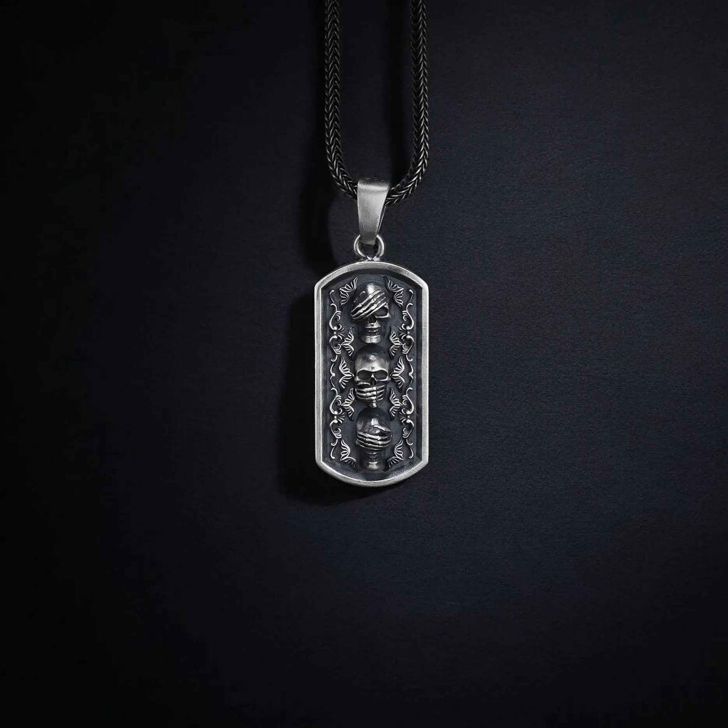 Sterling Silver Three Wise Skulls Necklace: Gothic Pendant Jewelry
