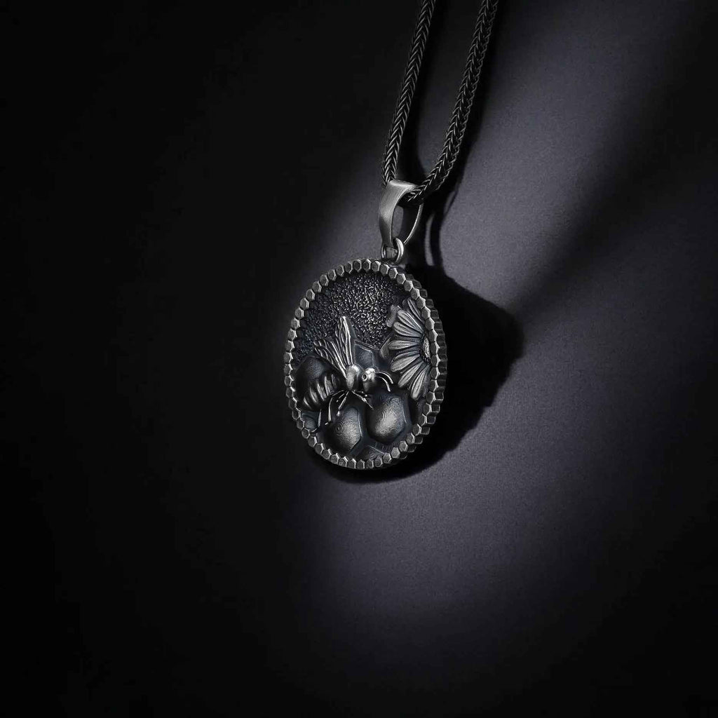 Handmade Sterling Silver Bee Necklace: Honeycomb Pendant Jewelry