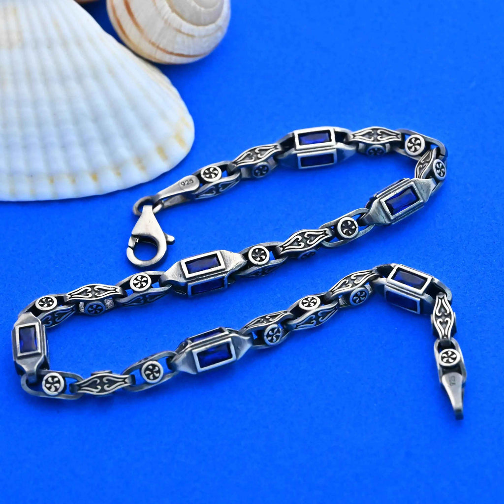 Sterling Silver Men's Bracelet: Blue Zircon Vintage Link Design