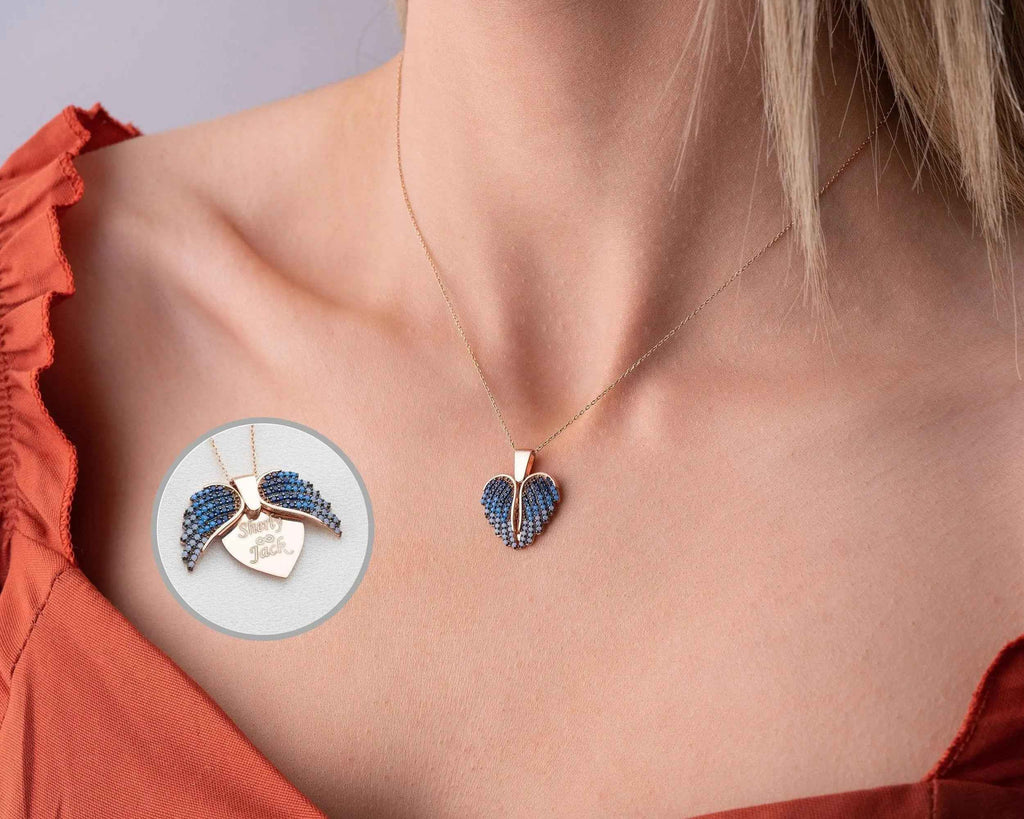 Engraved Angel Wing Heart Necklace: Sterling Silver Personalized Pendant