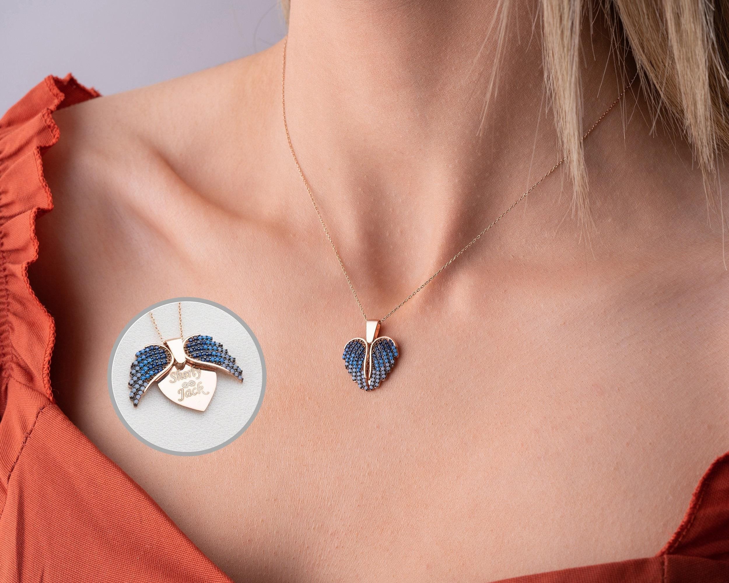 Engraved Angel Wing Heart Necklace: Sterling Silver Personalized Pendant