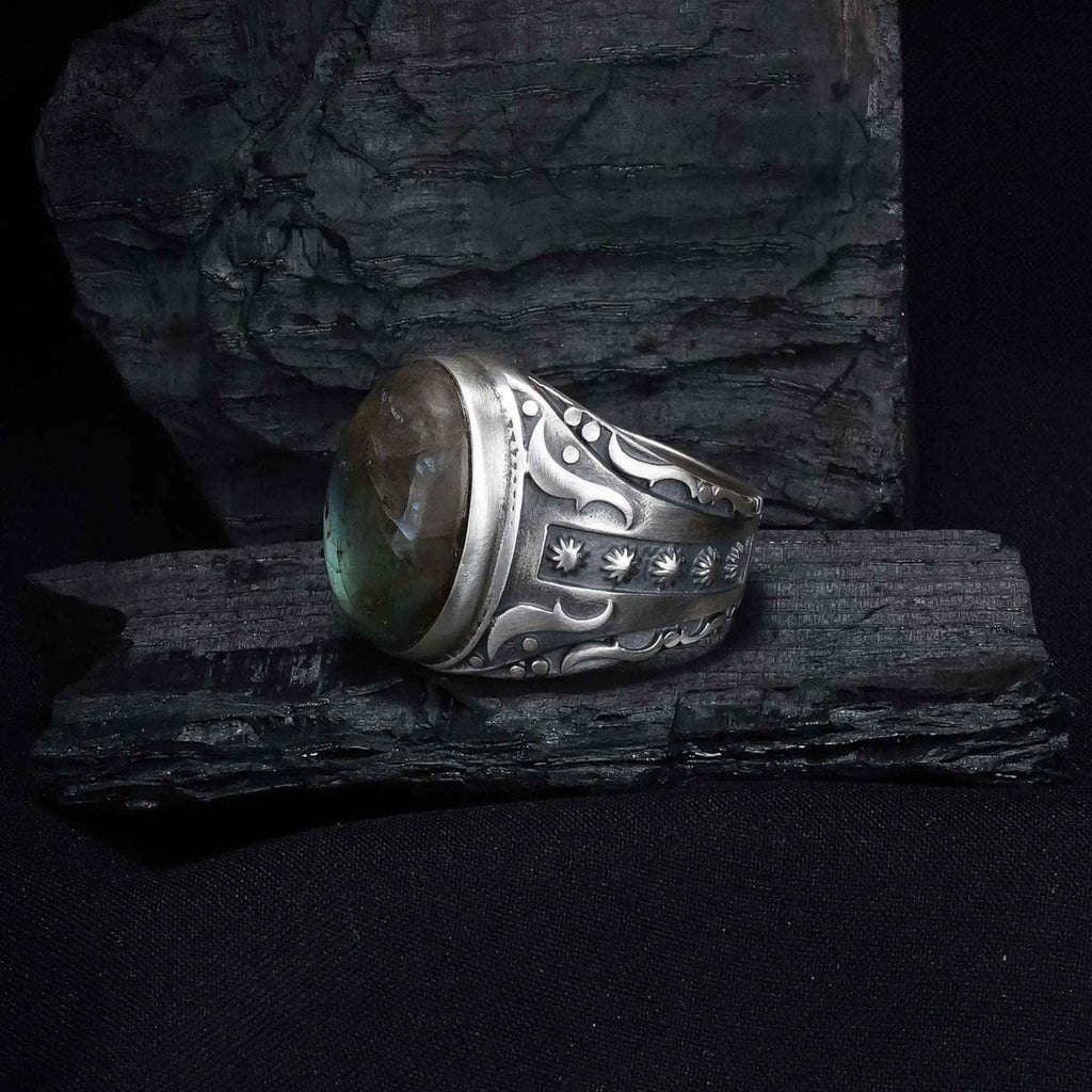 Large Labradorite Sterling Silver Ring - Handmade Mens Gemstone Ring
