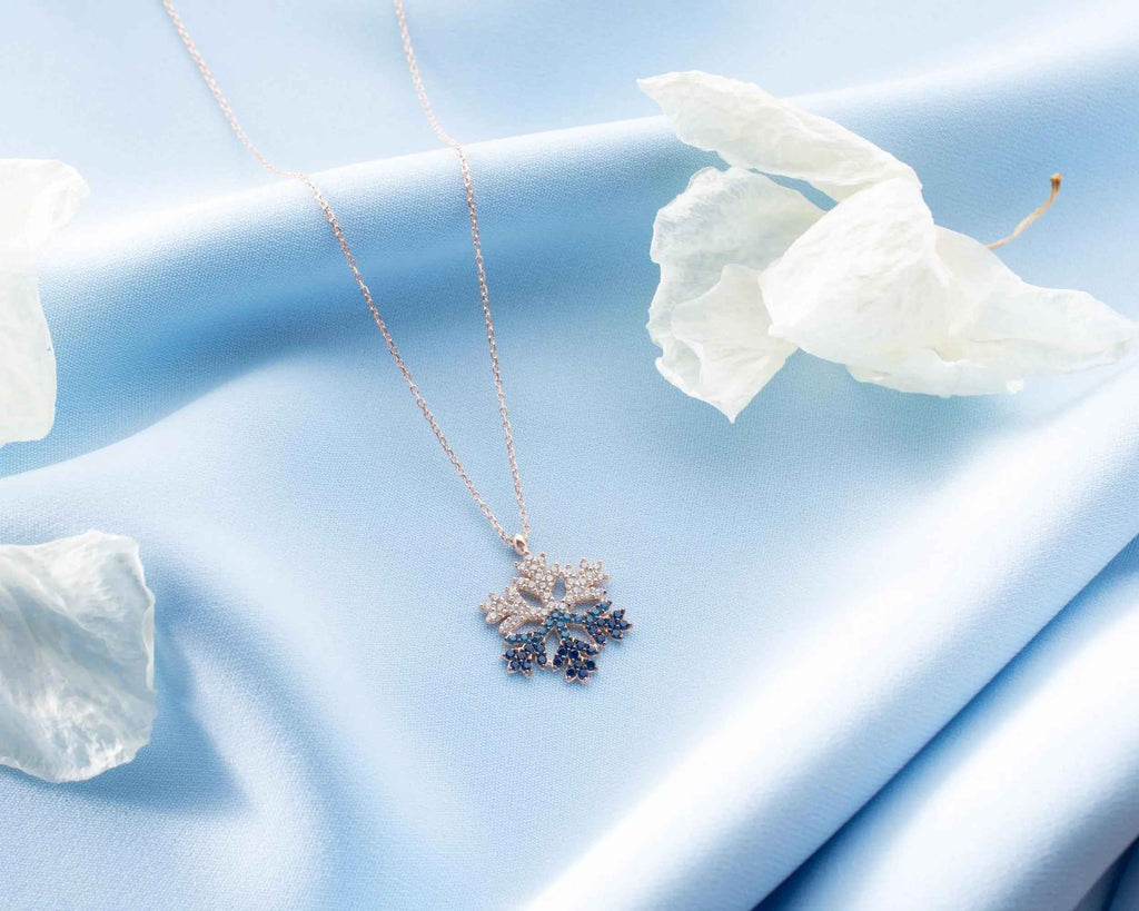 Sterling Silver Snowflake Necklace, Rose Gold Finish, Christmas Jewelry