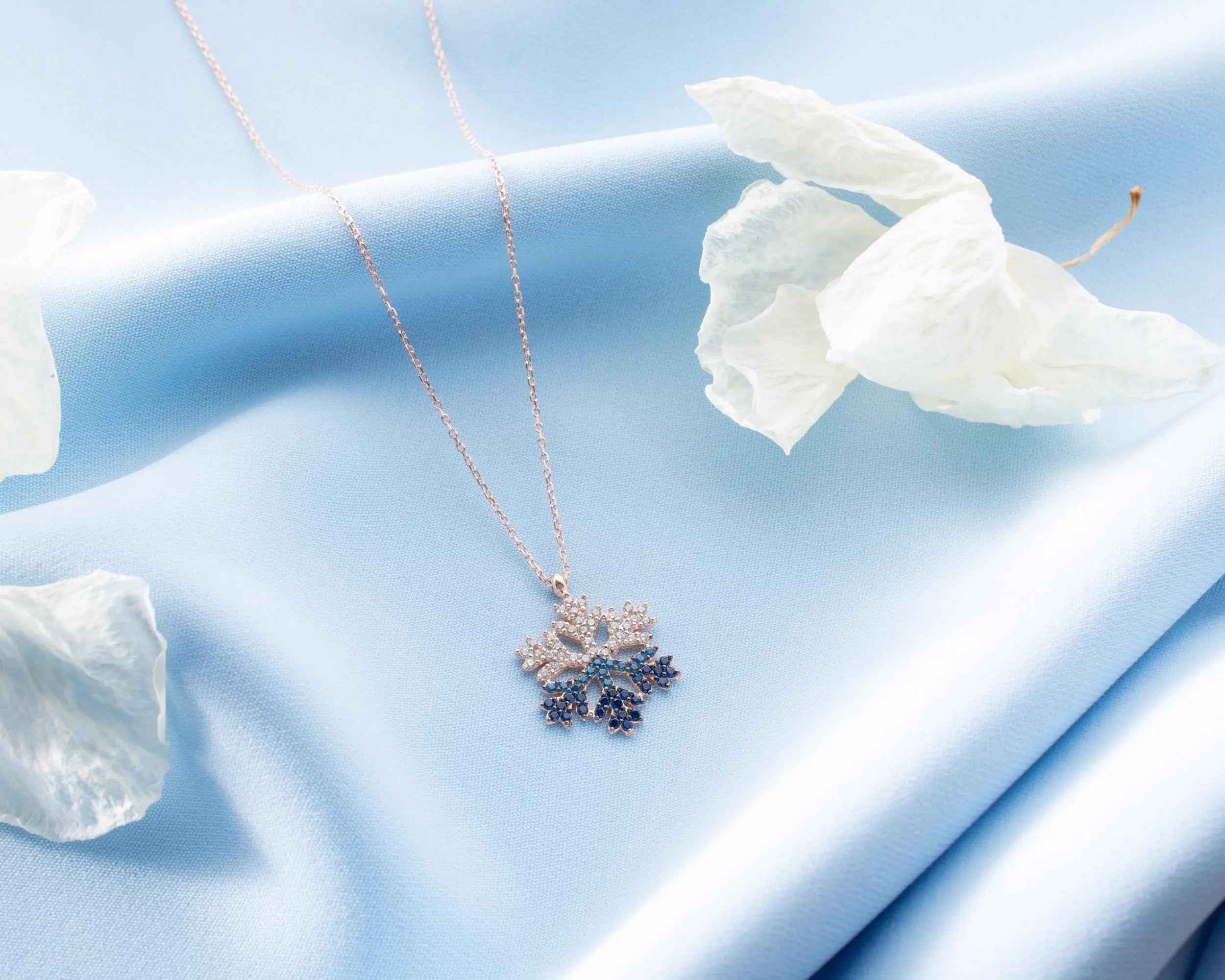 Sterling Silver Snowflake Necklace, Rose Gold Finish, Christmas Jewelry