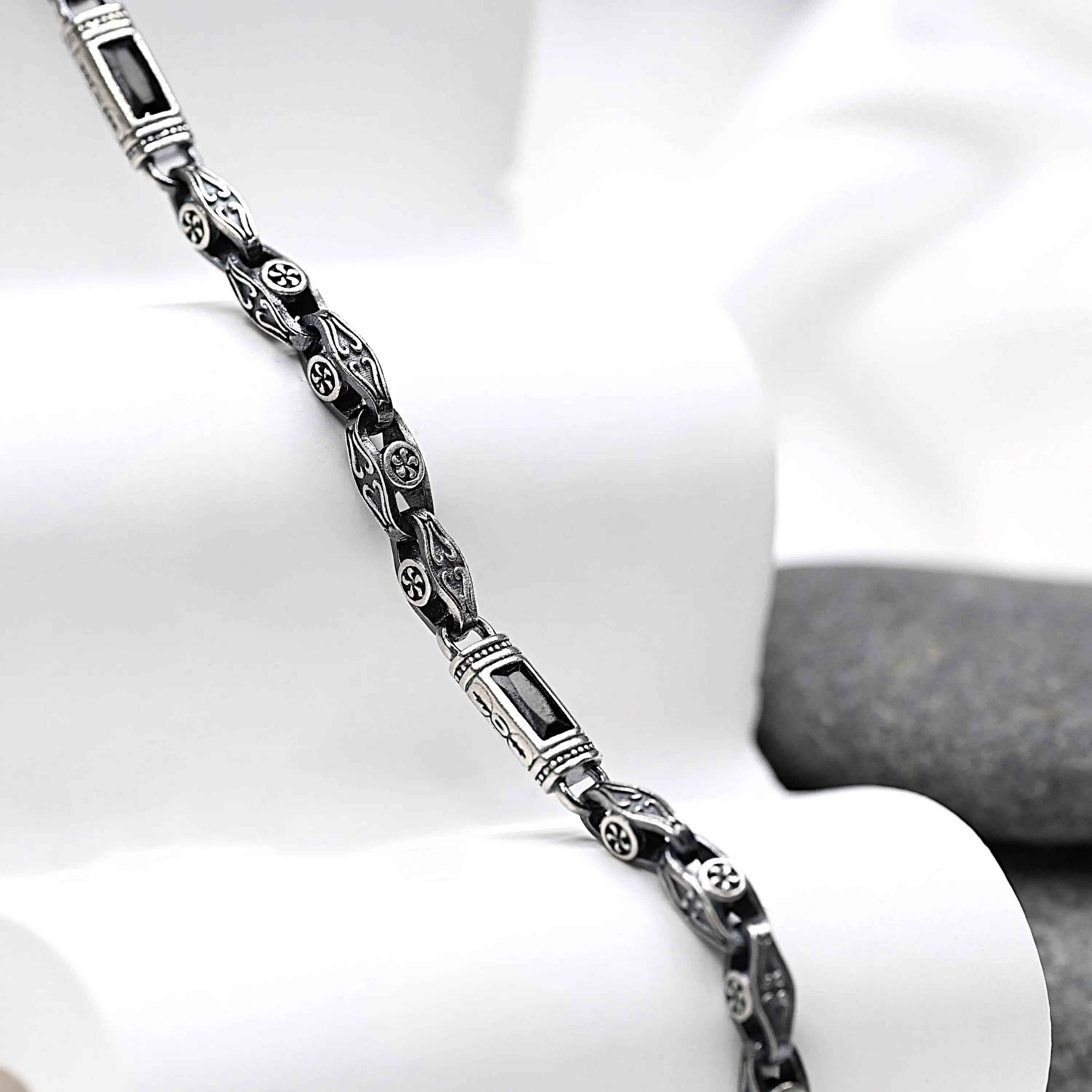 Sterling Silver Men’s Bracelet with Baguette Zircon – Celtic Chain Gift for Him